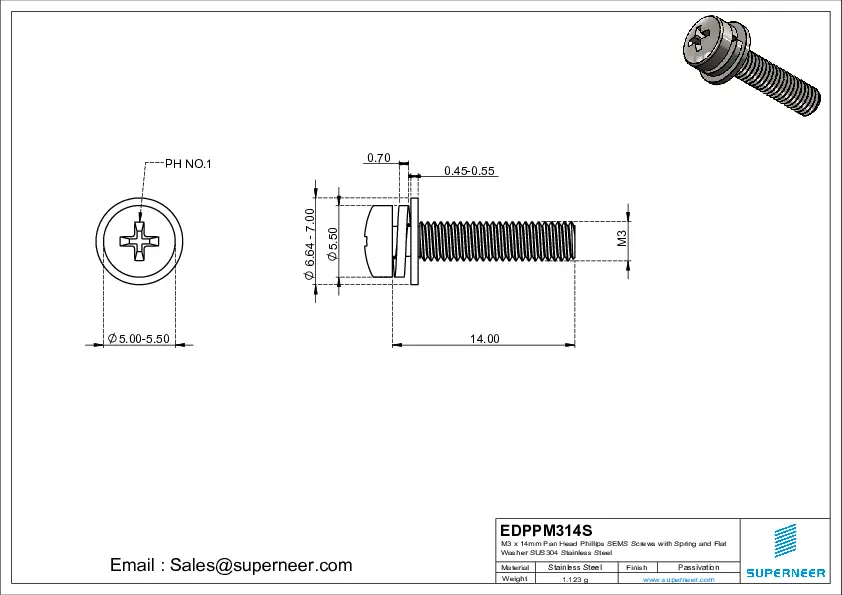 M3 x 14mm Pan Head Phillips SEMS Screws with Spring and Flat Washer SUS304 Stainless Steel Inox