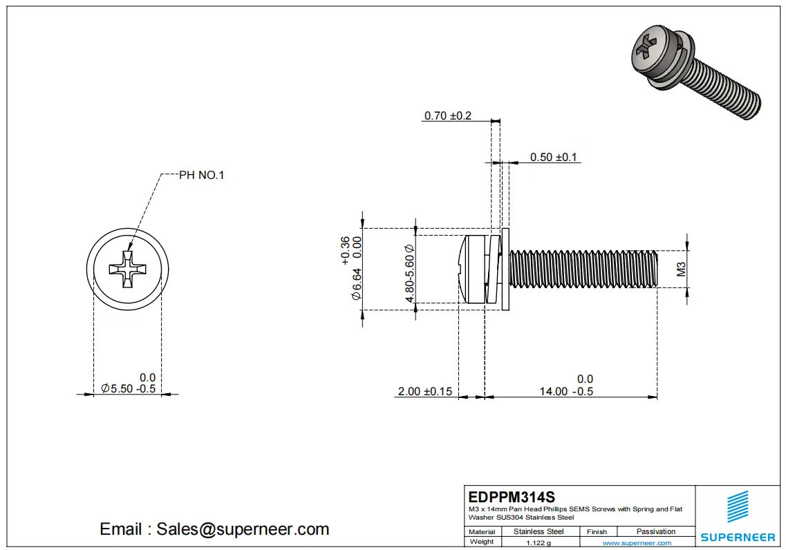 M3 x 14mm Pan Head Phillips SEMS Screws with Spring and Flat Washer SUS304 Stainless Steel Inox