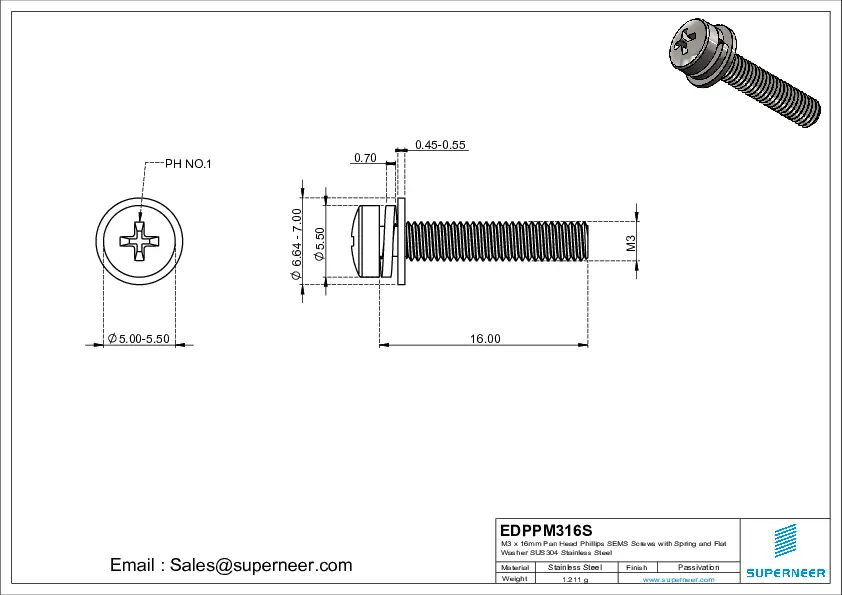 M3 x 16mm Pan Head Phillips SEMS Screws with Spring and Flat Washer SUS304 Stainless Steel Inox