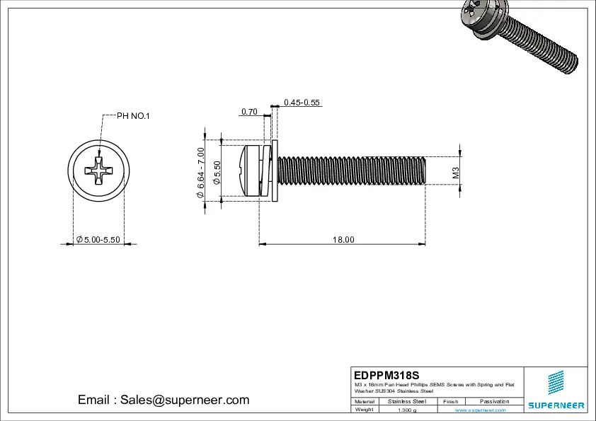 M3 x 18mm Pan Head Phillips SEMS Screws with Spring and Flat Washer SUS304 Stainless Steel Inox