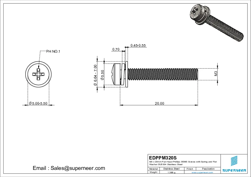 M3 x 20mm Pan Head Phillips SEMS Screws with Spring and Flat Washer SUS304 Stainless Steel Inox