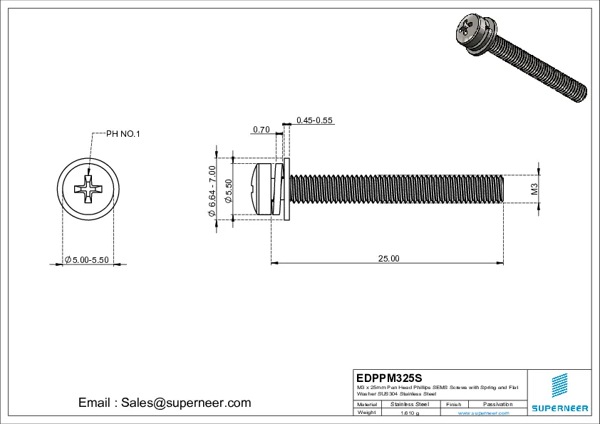 M3 x 25mm Pan Head Phillips SEMS Screws with Spring and Flat Washer SUS304 Stainless Steel Inox