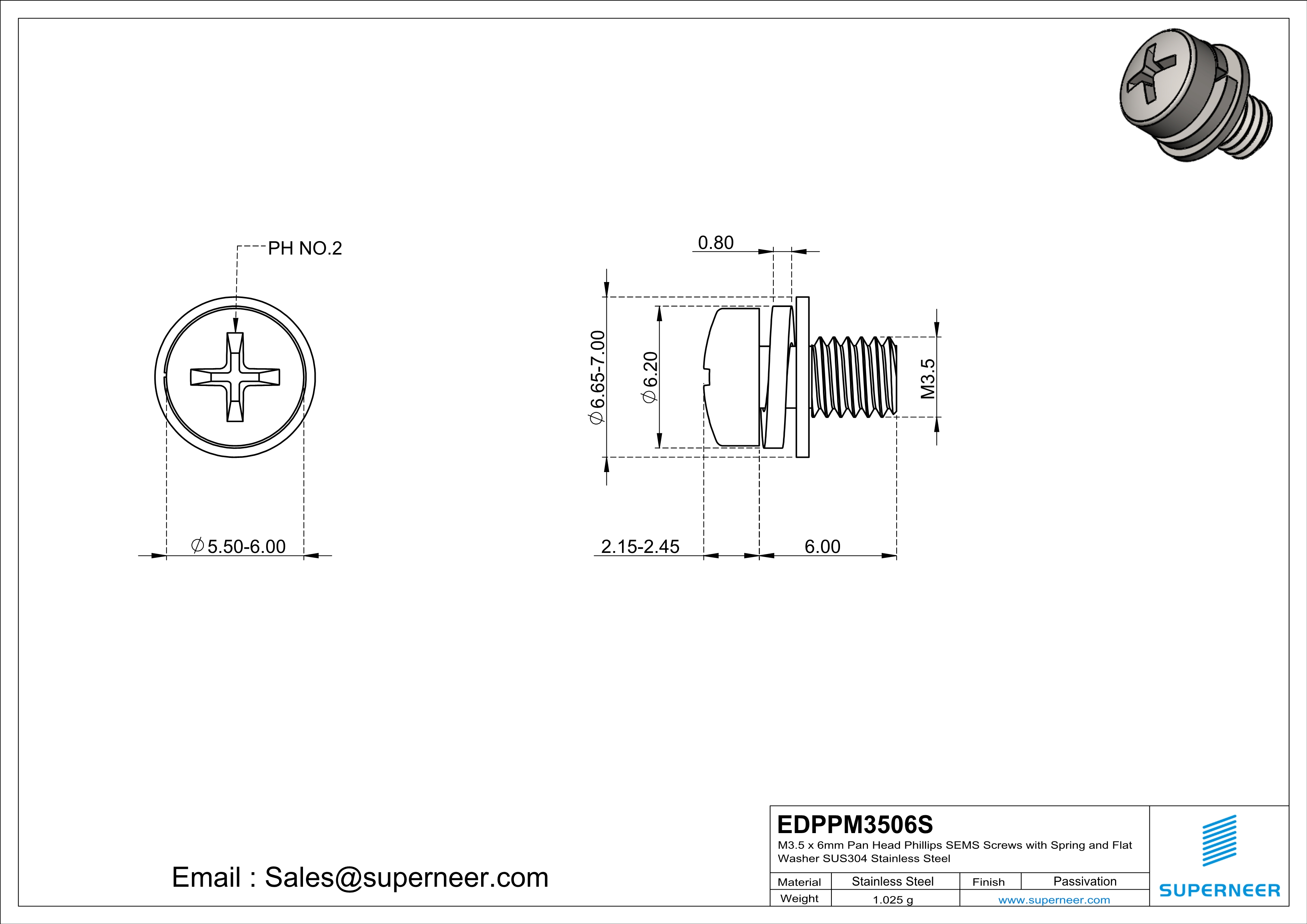 M3.5 x 6mm Pan Head Phillips SEMS Screws with Spring and Flat Washer SUS304 Stainless Steel Inox