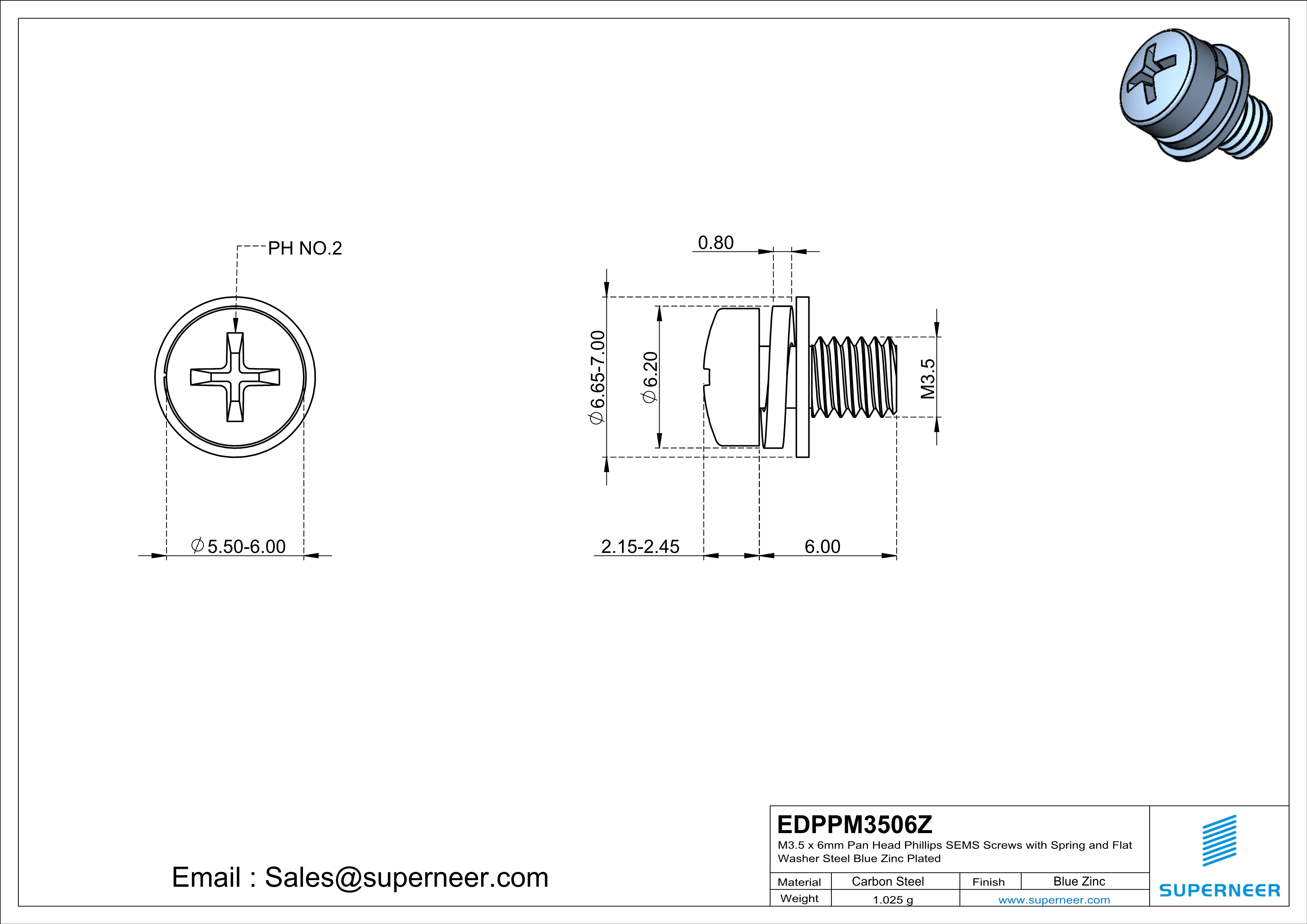 M3.5 x 6mm Pan Head Phillips SEMS Screws with Spring and Flat Washer Steel Blue Zinc Plated