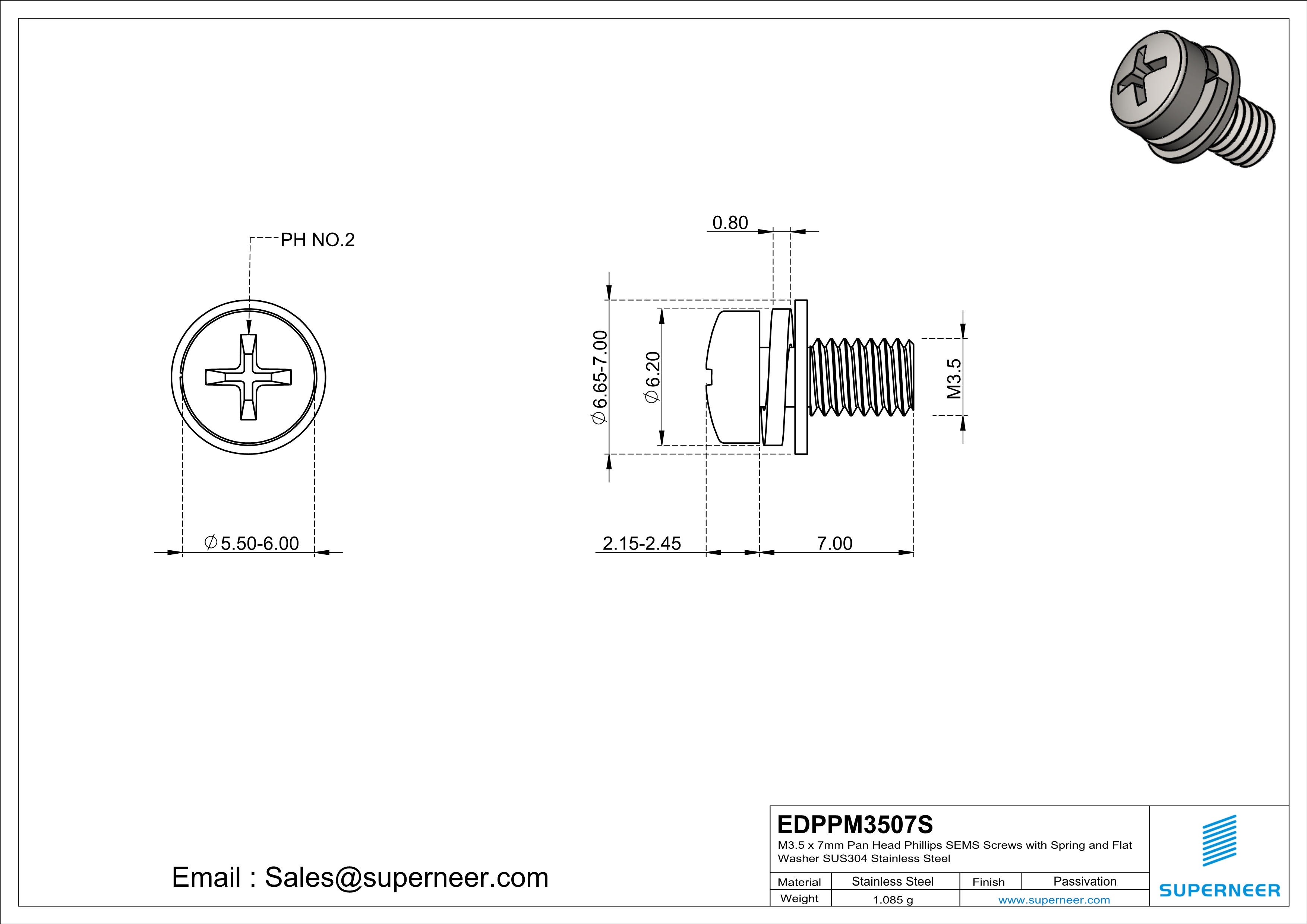 M3.5 x 7mm Pan Head Phillips SEMS Screws with Spring and Flat Washer SUS304 Stainless Steel Inox