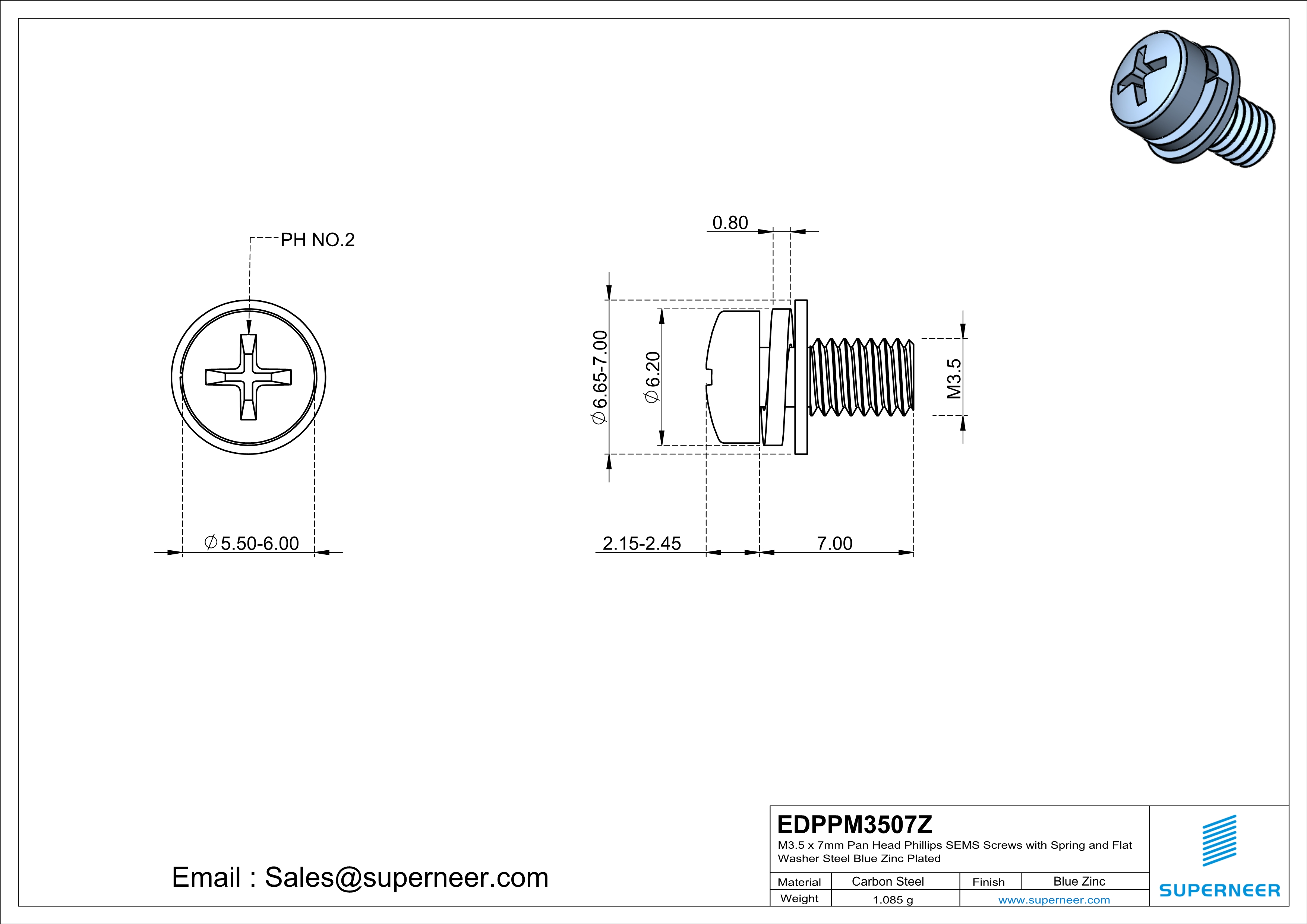 M3.5 x 7mm Pan Head Phillips SEMS Screws with Spring and Flat Washer Steel Blue Zinc Plated