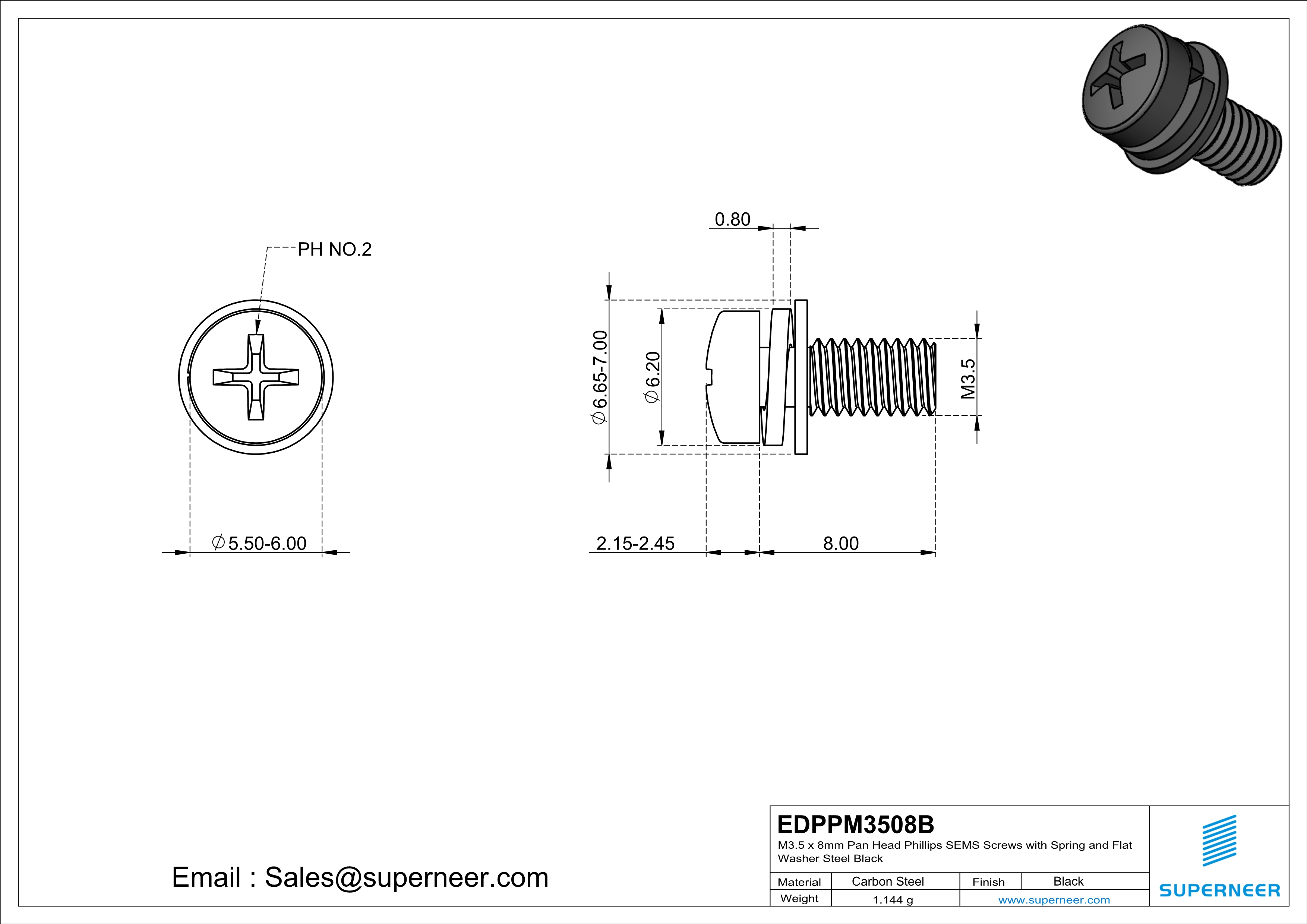 M3.5 x 8mm Pan Head Phillips SEMS Screws with Spring and Flat Washer Steel Black