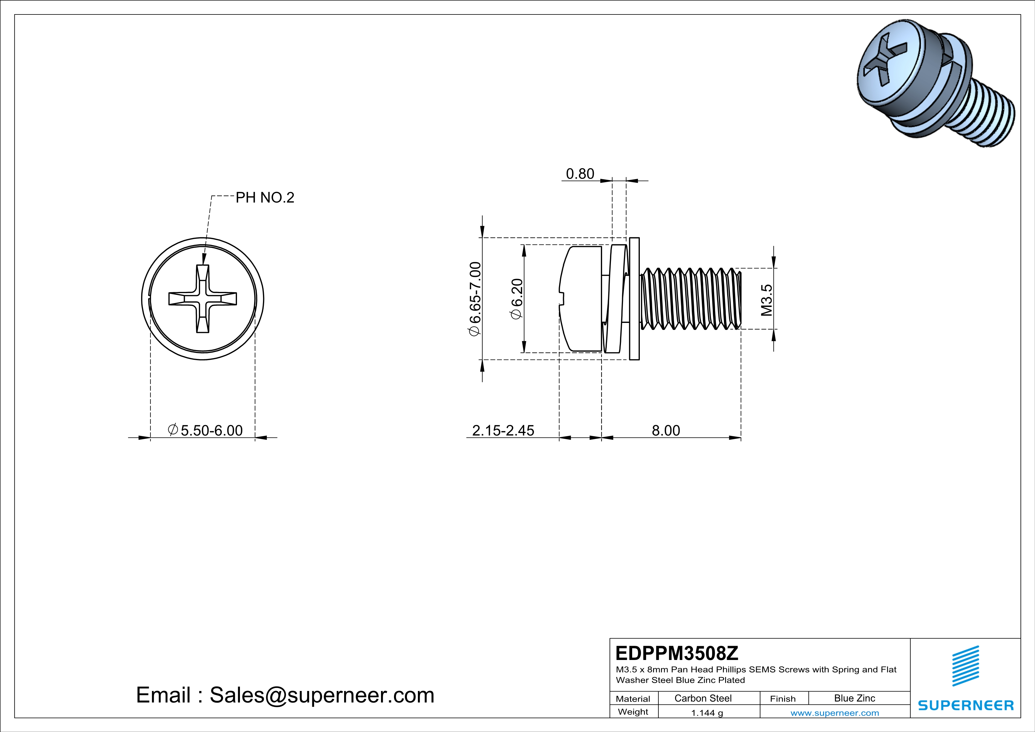 M3.5 x 8mm Pan Head Phillips SEMS Screws with Spring and Flat Washer Steel Blue Zinc Plated