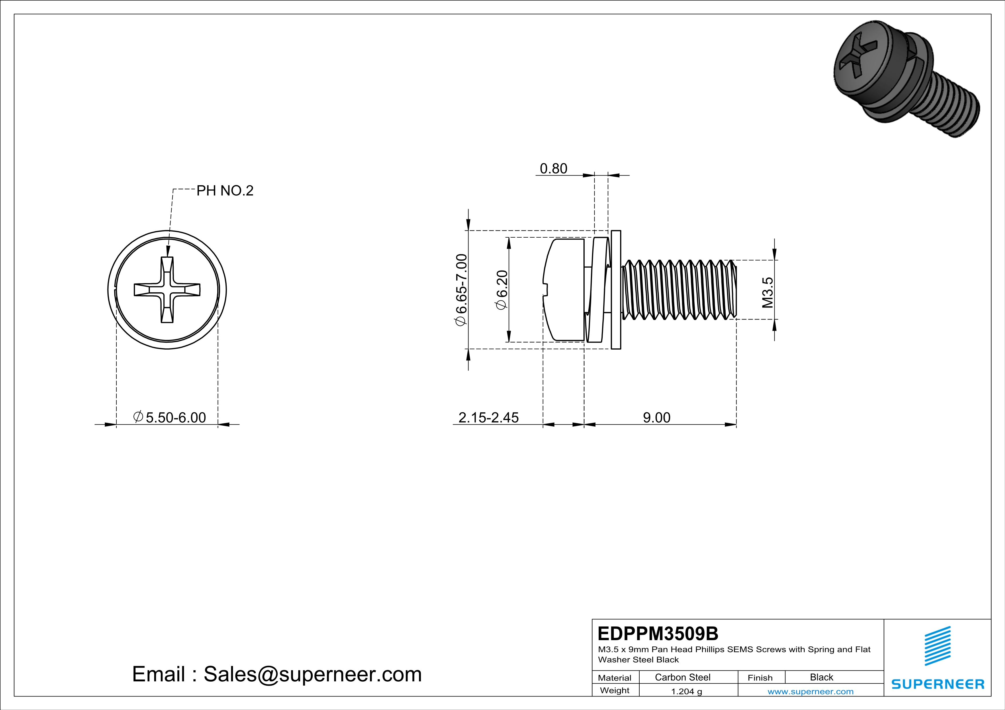 M3.5 x 9mm Pan Head Phillips SEMS Screws with Spring and Flat Washer Steel Black