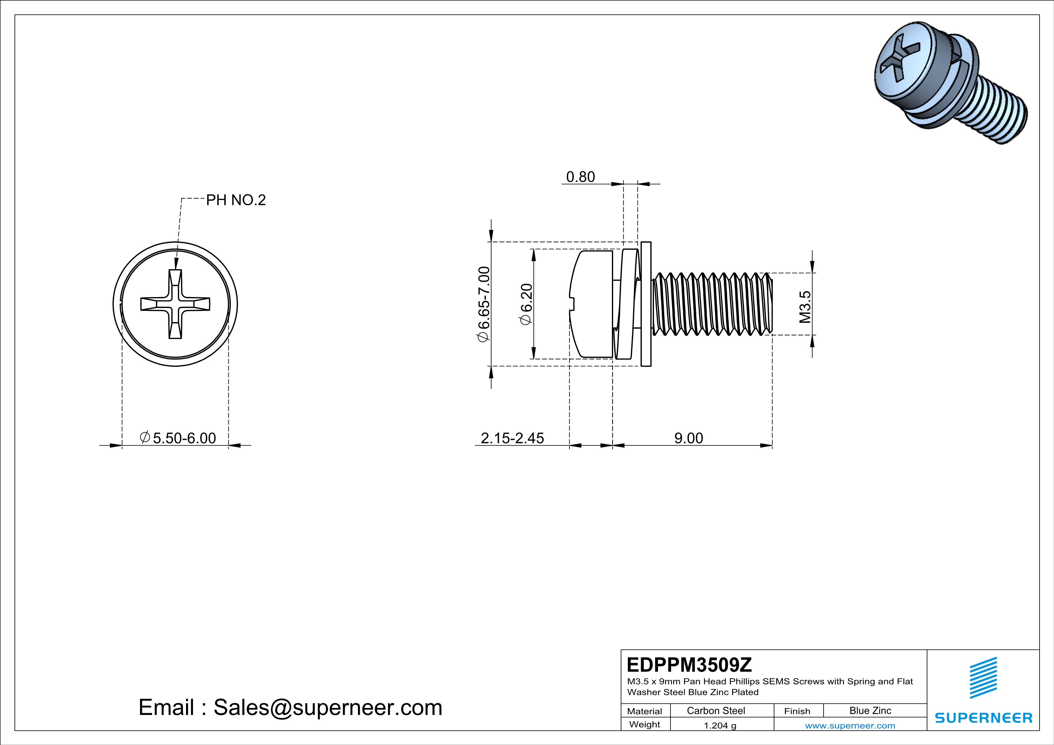 M3.5 x 9mm Pan Head Phillips SEMS Screws with Spring and Flat Washer Steel Blue Zinc Plated