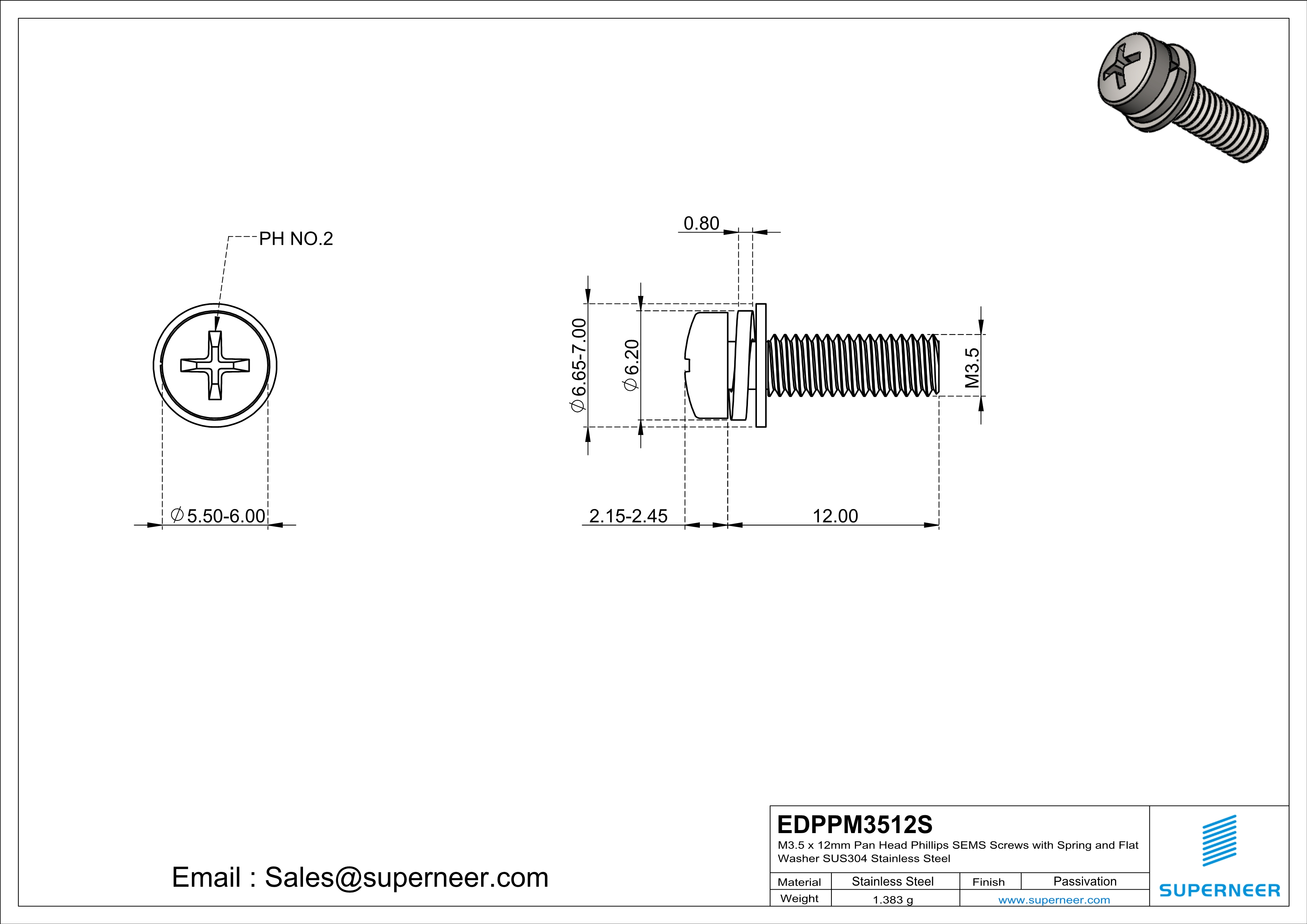 M3.5 x 12mm Pan Head Phillips SEMS Screws with Spring and Flat Washer SUS304 Stainless Steel Inox