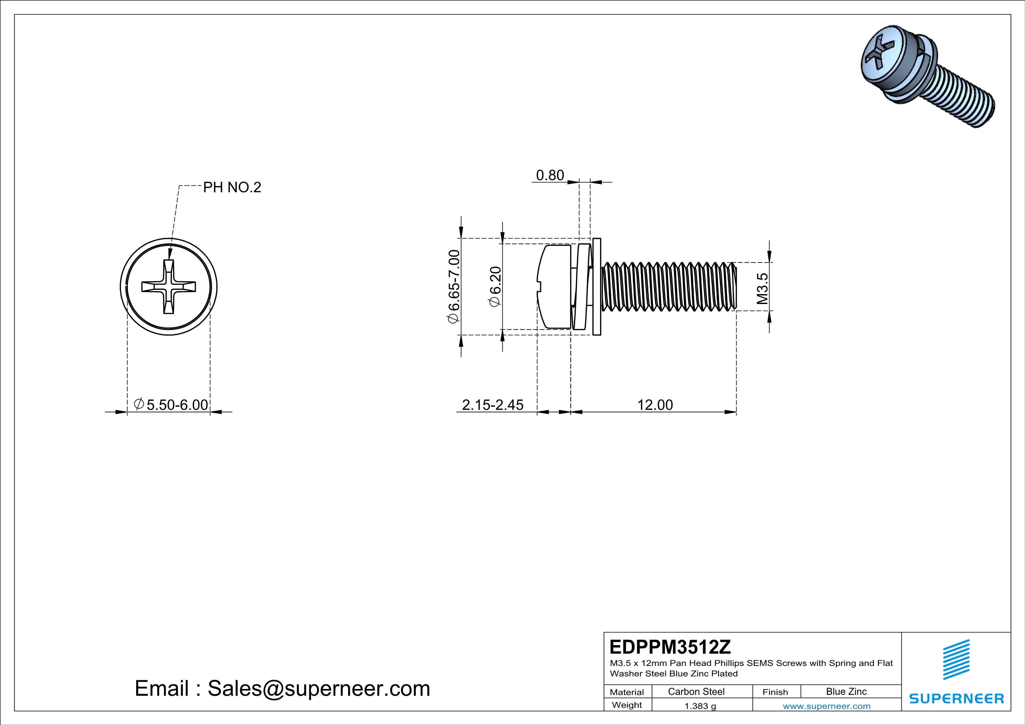 M3.5 x 12mm Pan Head Phillips SEMS Screws with Spring and Flat Washer Steel Blue Zinc Plated