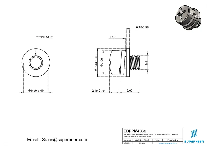 M4 x 6mm Pan Head Phillips SEMS Screws with Spring and Flat Washer SUS304 Stainless Steel Inox