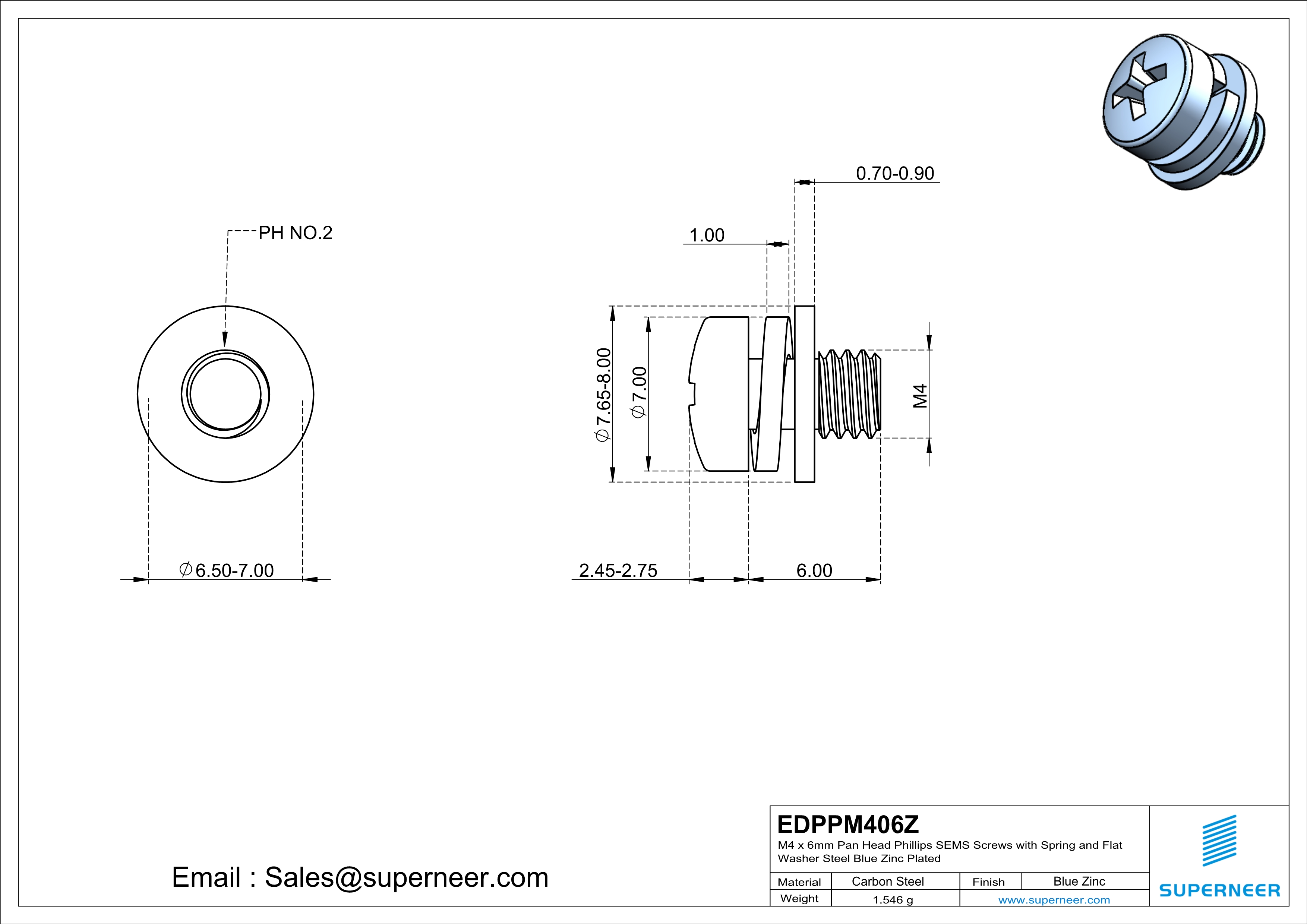 M4 x 6mm Pan Head Phillips SEMS Screws with Spring and Flat Washer Steel Blue Zinc Plated