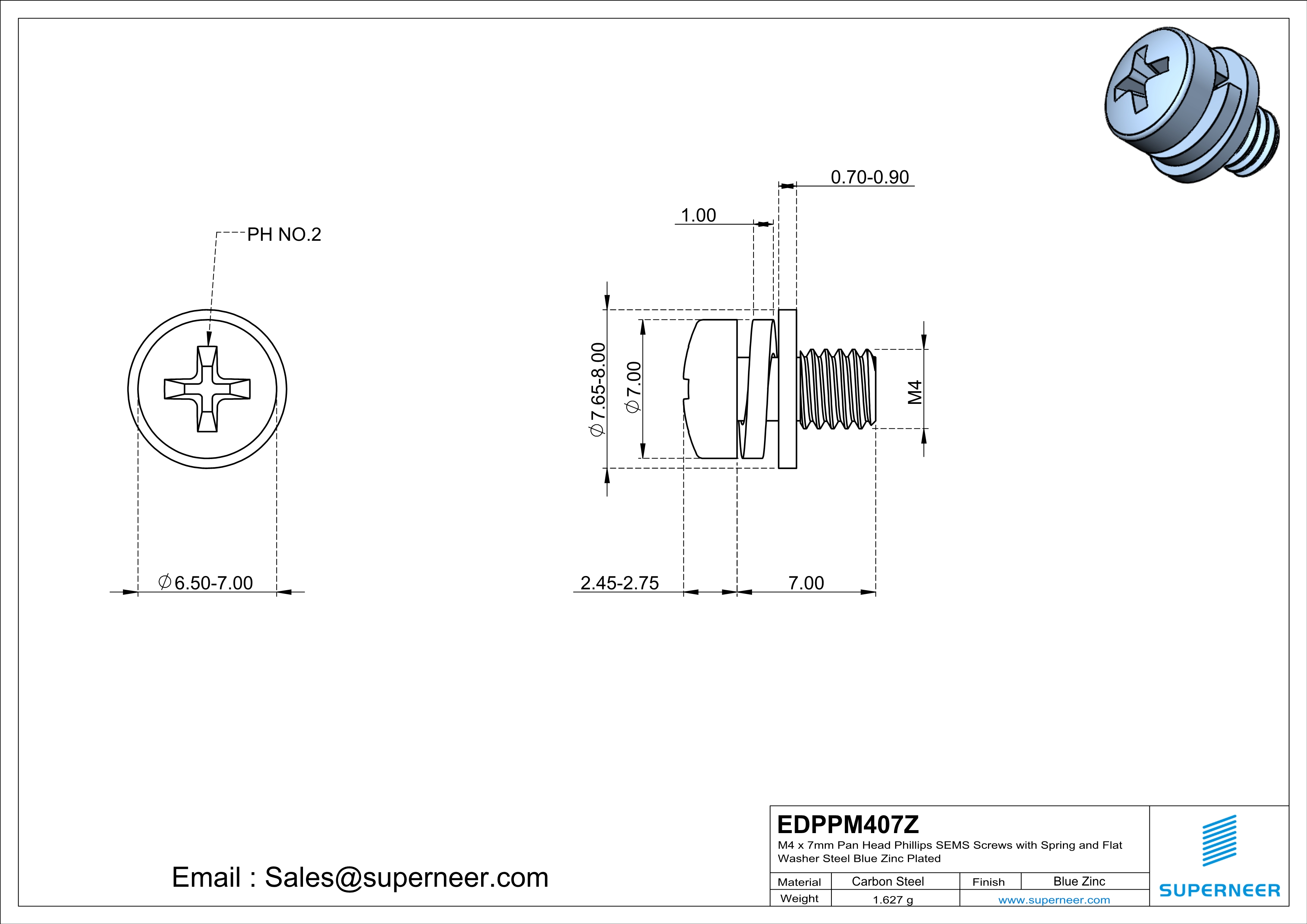 M4 x 7mm Pan Head Phillips SEMS Screws with Spring and Flat Washer Steel Blue Zinc Plated