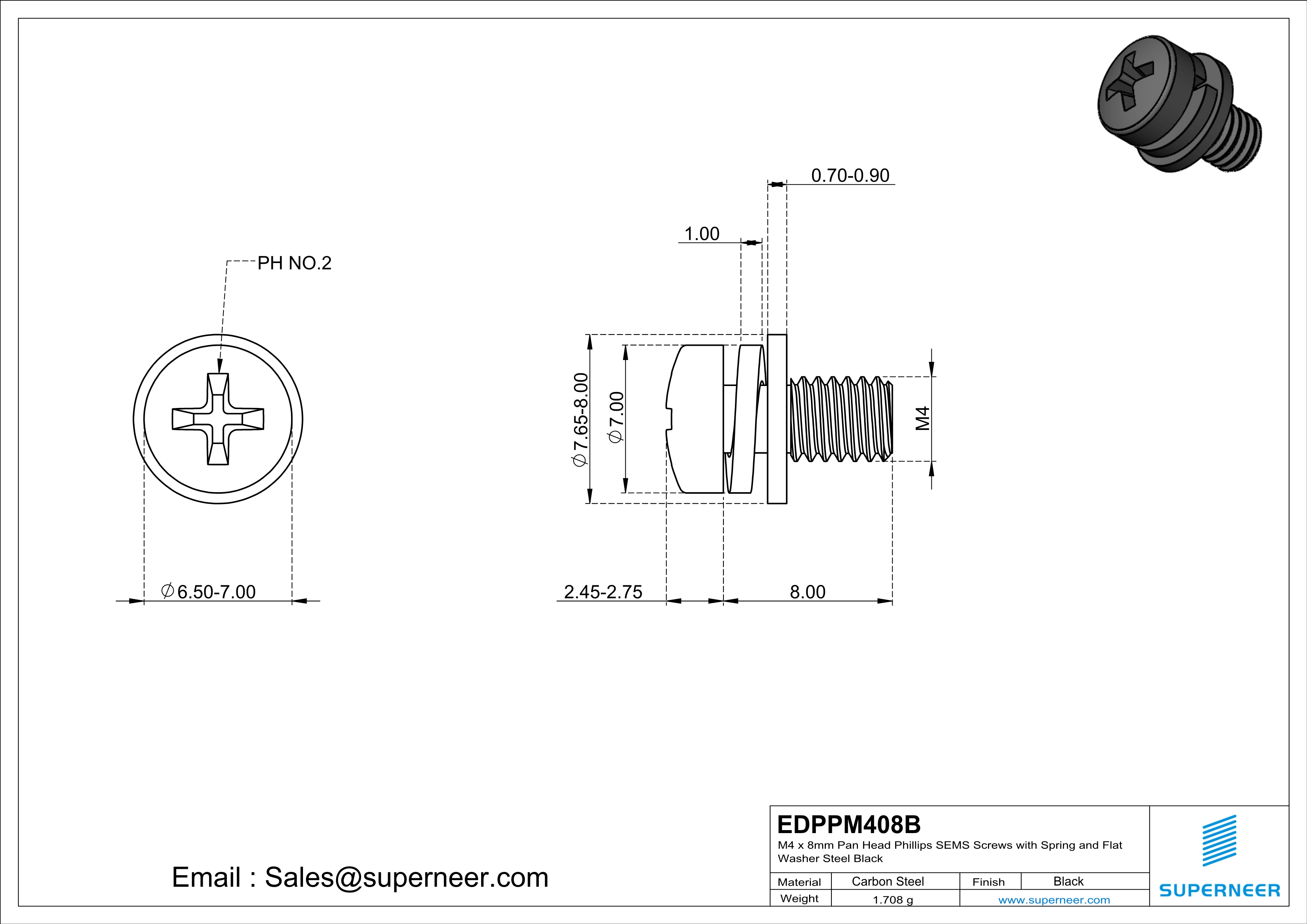 M4 x 8mm Pan Head Phillips SEMS Screws with Spring and Flat Washer Steel Black