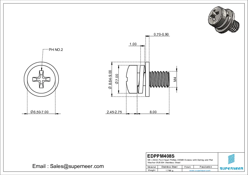 M4 x 8mm Pan Head Phillips SEMS Screws with Spring and Flat Washer SUS304 Stainless Steel Inox