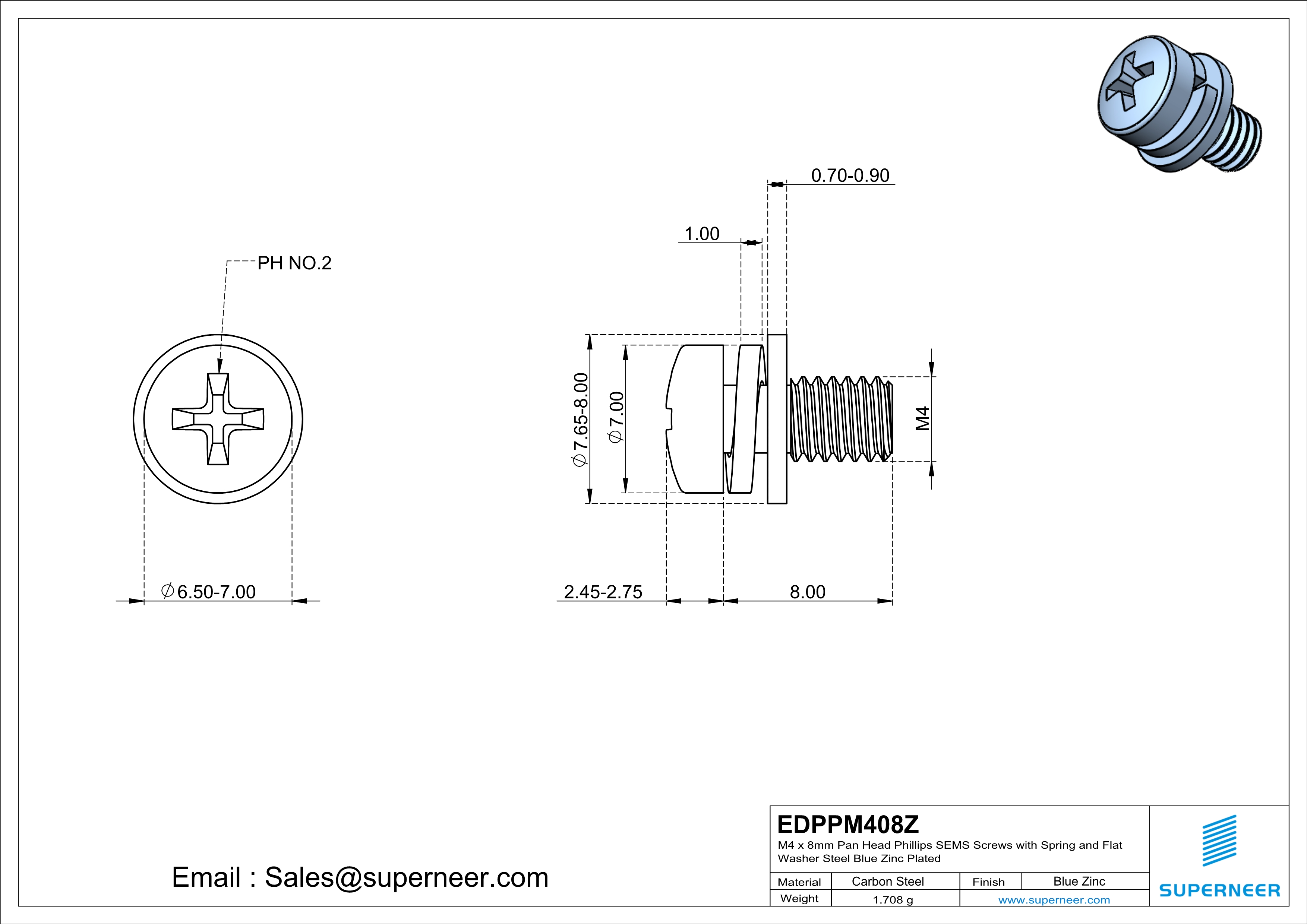 M4 x 8mm Pan Head Phillips SEMS Screws with Spring and Flat Washer Steel Blue Zinc Plated