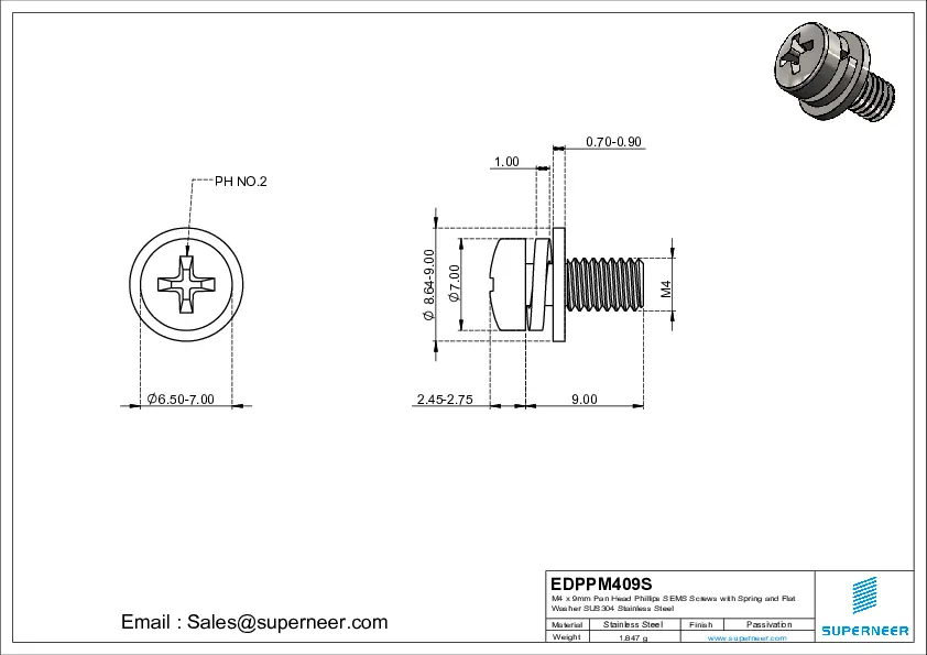 M4 x 9mm Pan Head Phillips SEMS Screws with Spring and Flat Washer SUS304 Stainless Steel Inox