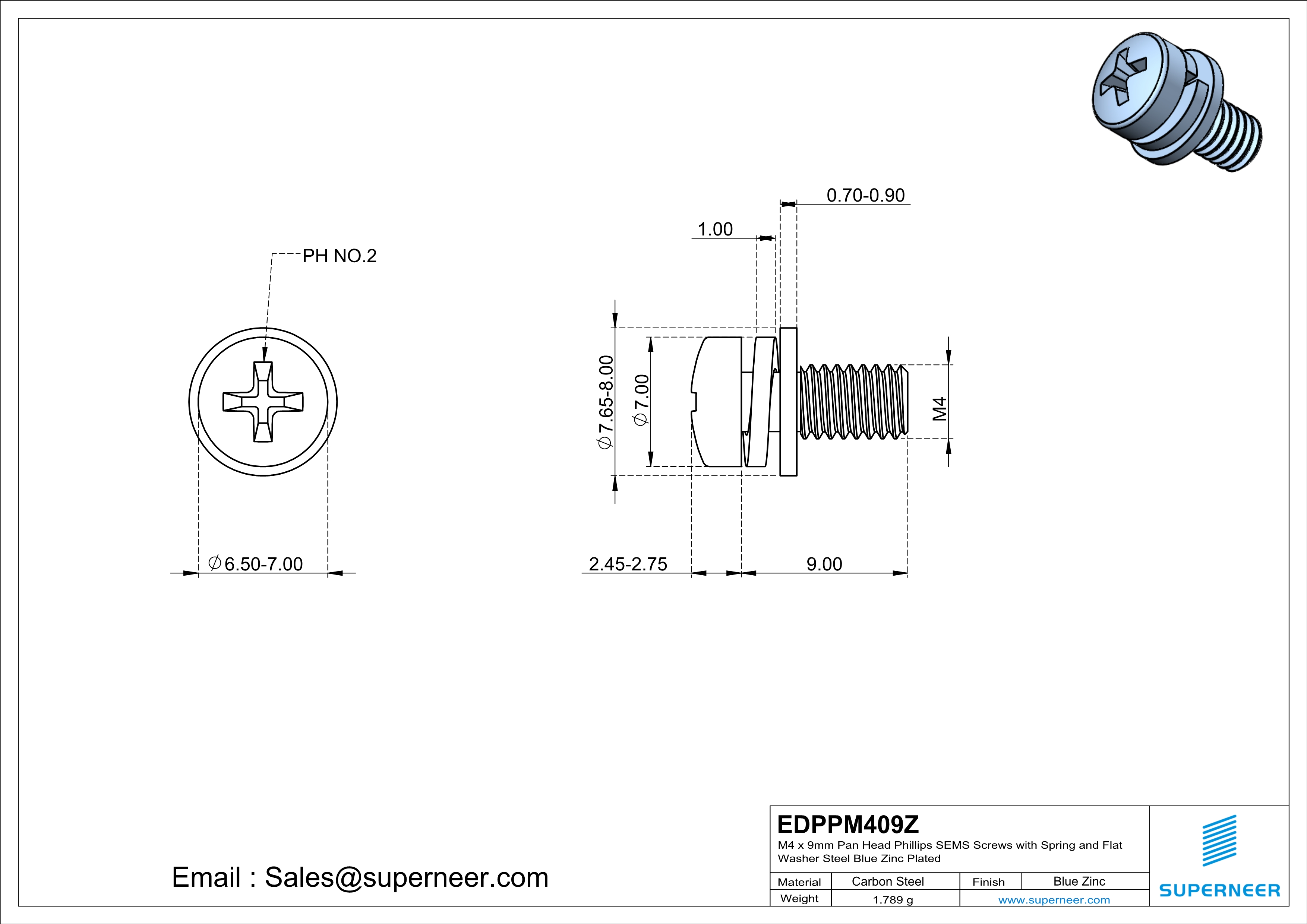 M4 x 9mm Pan Head Phillips SEMS Screws with Spring and Flat Washer Steel Blue Zinc Plated