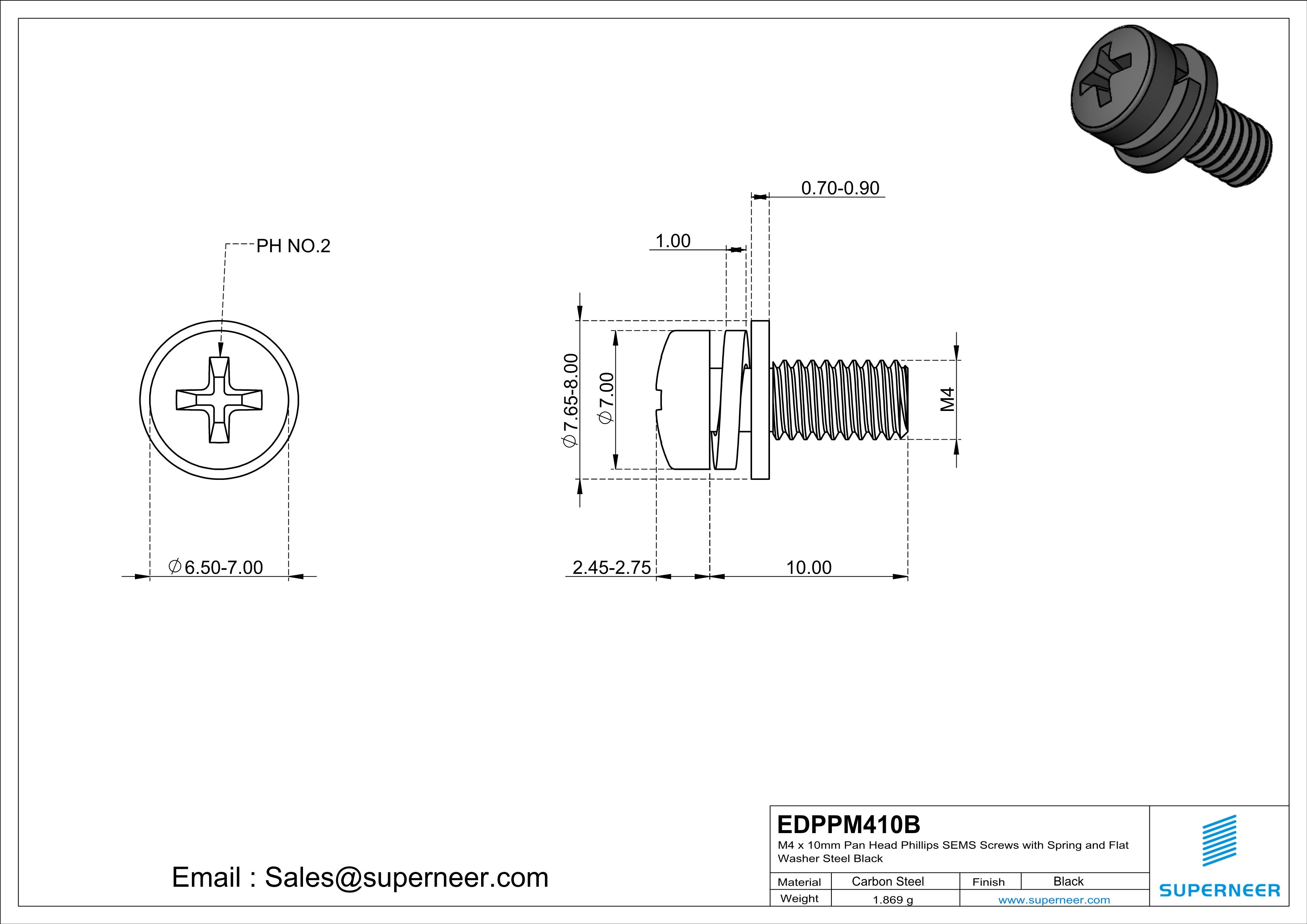 M4 x 10mm Pan Head Phillips SEMS Screws with Spring and Flat Washer Steel Black