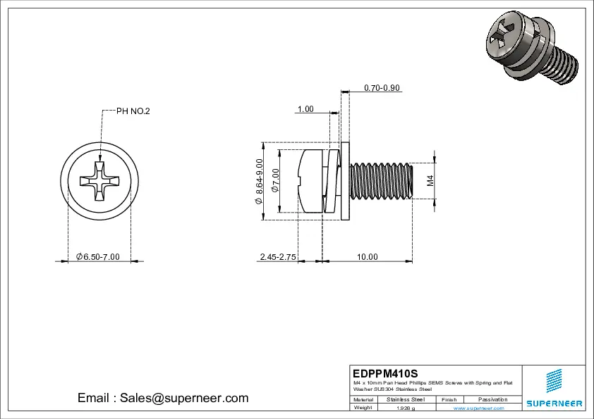 M4 x 10mm Pan Head Phillips SEMS Screws with Spring and Flat Washer SUS304 Stainless Steel Inox