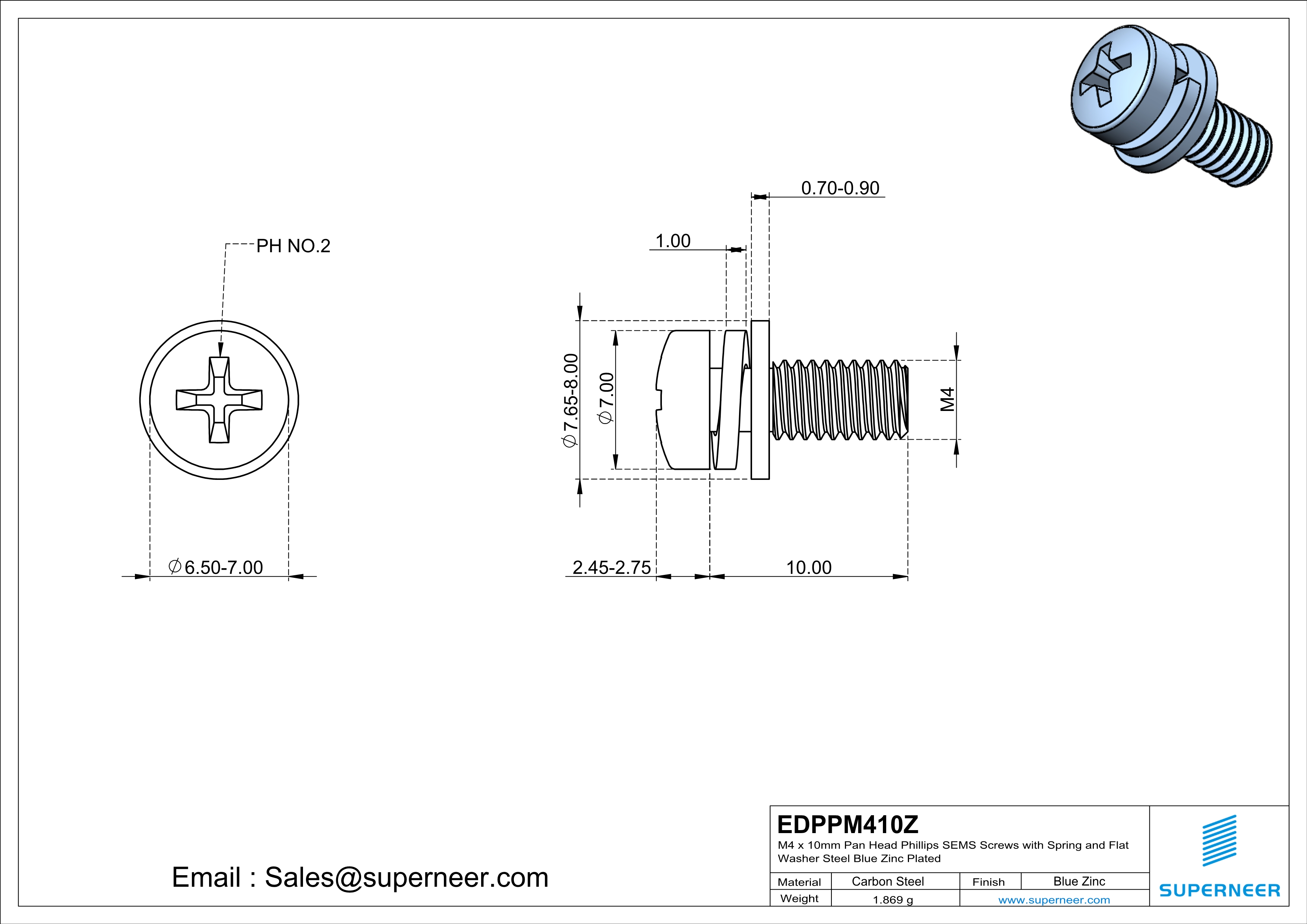 M4 x 10mm Pan Head Phillips SEMS Screws with Spring and Flat Washer Steel Blue Zinc Plated