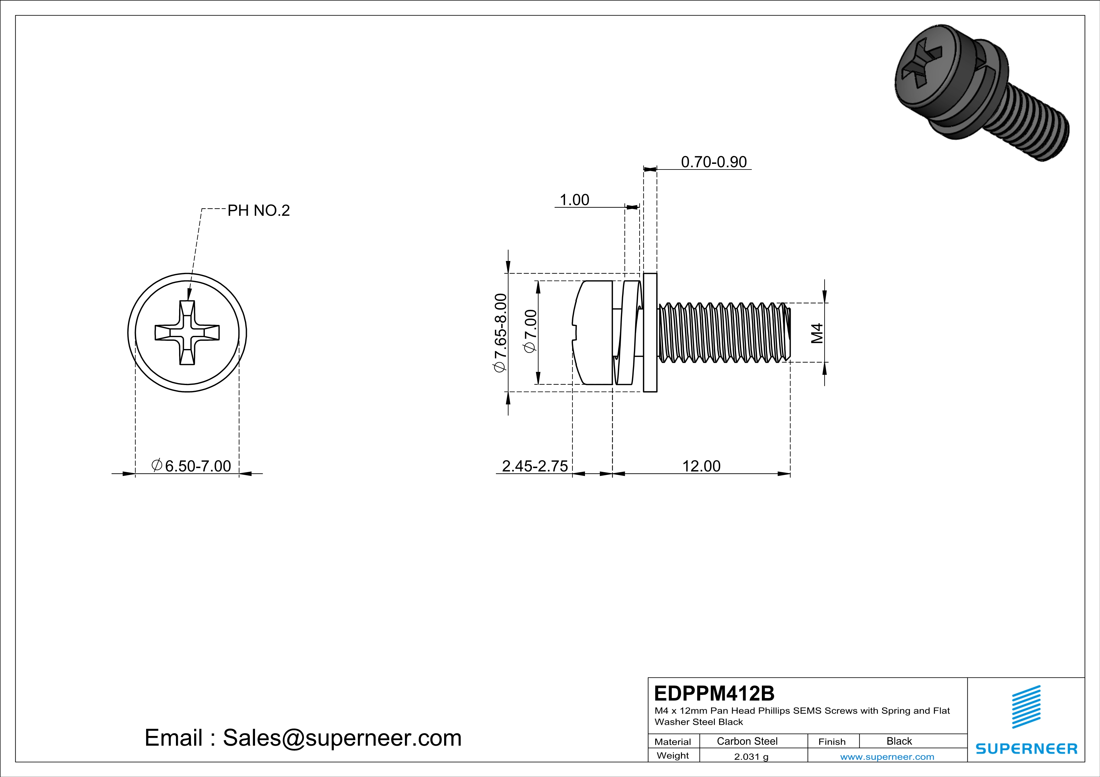 M4 x 12mm Pan Head Phillips SEMS Screws with Spring and Flat Washer Steel Black