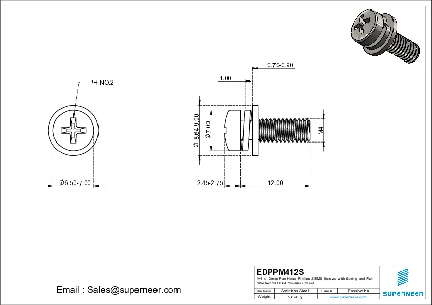 M4 x 12mm Pan Head Phillips SEMS Screws with Spring and Flat Washer SUS304 Stainless Steel Inox