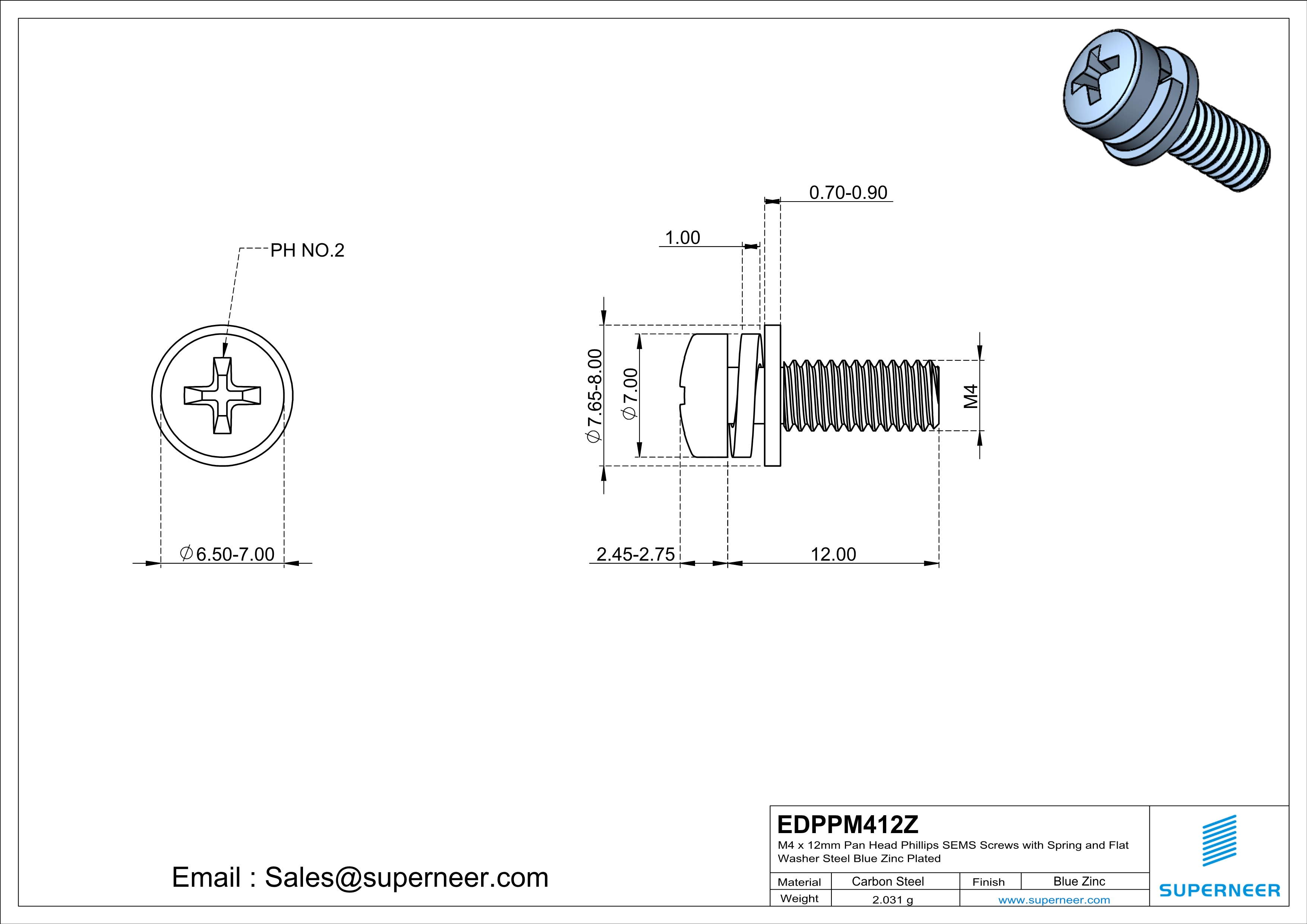 M4 x 12mm Pan Head Phillips SEMS Screws with Spring and Flat Washer Steel Blue Zinc Plated