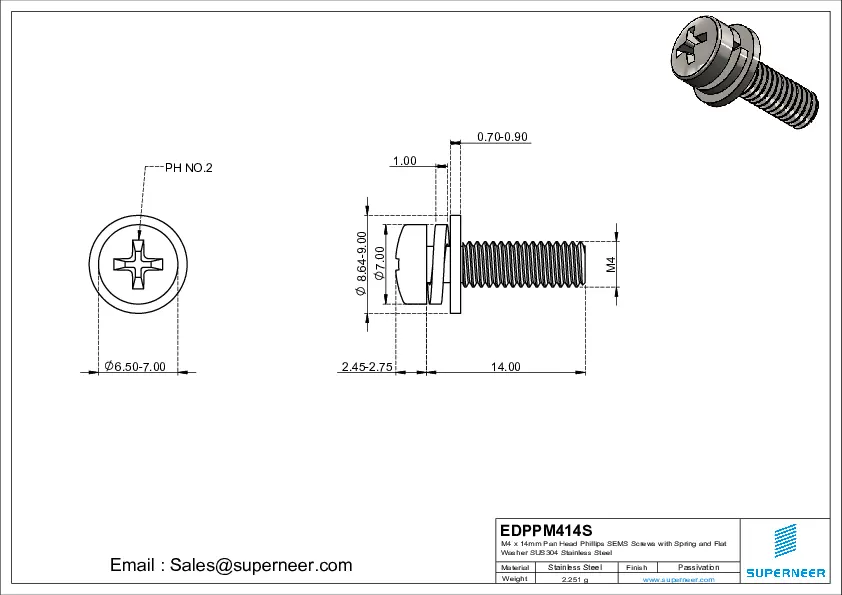 M4 x 14mm Pan Head Phillips SEMS Screws with Spring and Flat Washer SUS304 Stainless Steel Inox