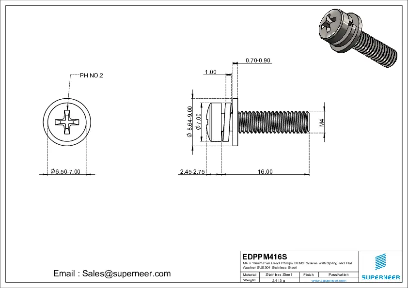 M4 x 16mm Pan Head Phillips SEMS Screws with Spring and Flat Washer SUS304 Stainless Steel Inox