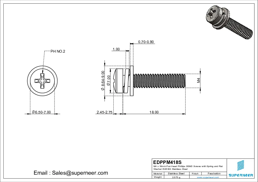 M4 x 18mm Pan Head Phillips SEMS Screws with Spring and Flat Washer SUS304 Stainless Steel Inox