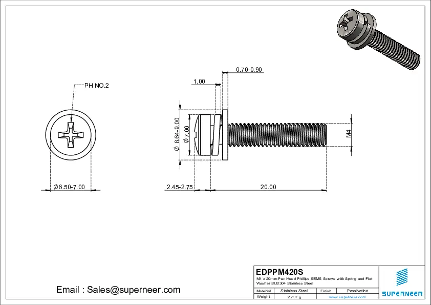 M4 x 20mm Pan Head Phillips SEMS Screws with Spring and Flat Washer SUS304 Stainless Steel Inox