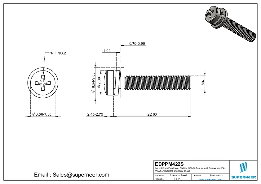 M4 x 22mm Pan Head Phillips SEMS Screws with Spring and Flat Washer SUS304 Stainless Steel Inox