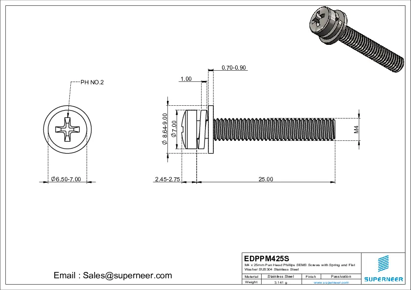 M4 x 25mm Pan Head Phillips SEMS Screws with Spring and Flat Washer SUS304 Stainless Steel Inox