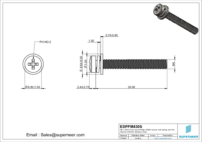 M4 x 30mm Pan Head Phillips SEMS Screws with Spring and Flat Washer SUS304 Stainless Steel Inox