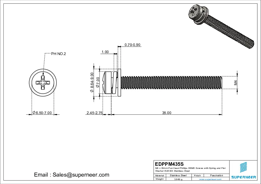 M4 x 35mm Pan Head Phillips SEMS Screws with Spring and Flat Washer SUS304 Stainless Steel Inox