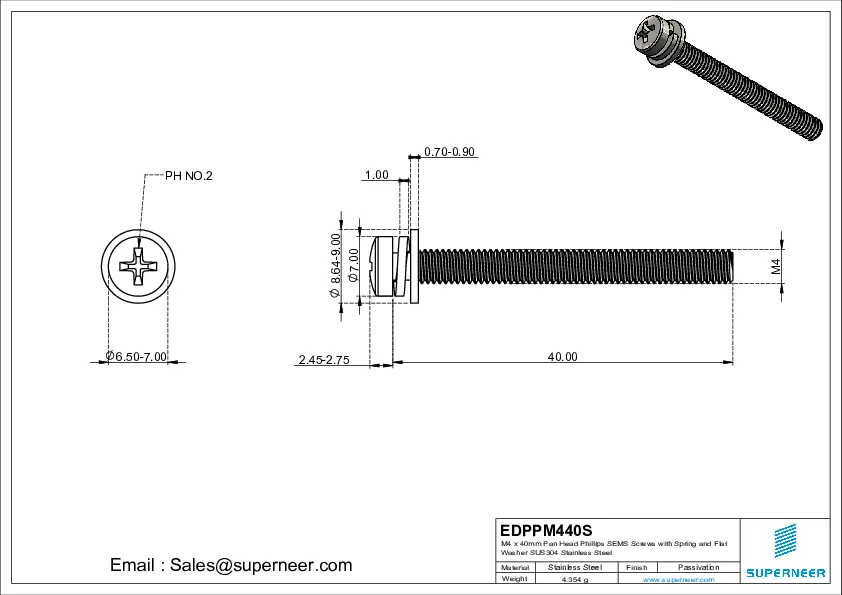 M4 x 40mm Pan Head Phillips SEMS Screws with Spring and Flat Washer SUS304 Stainless Steel Inox