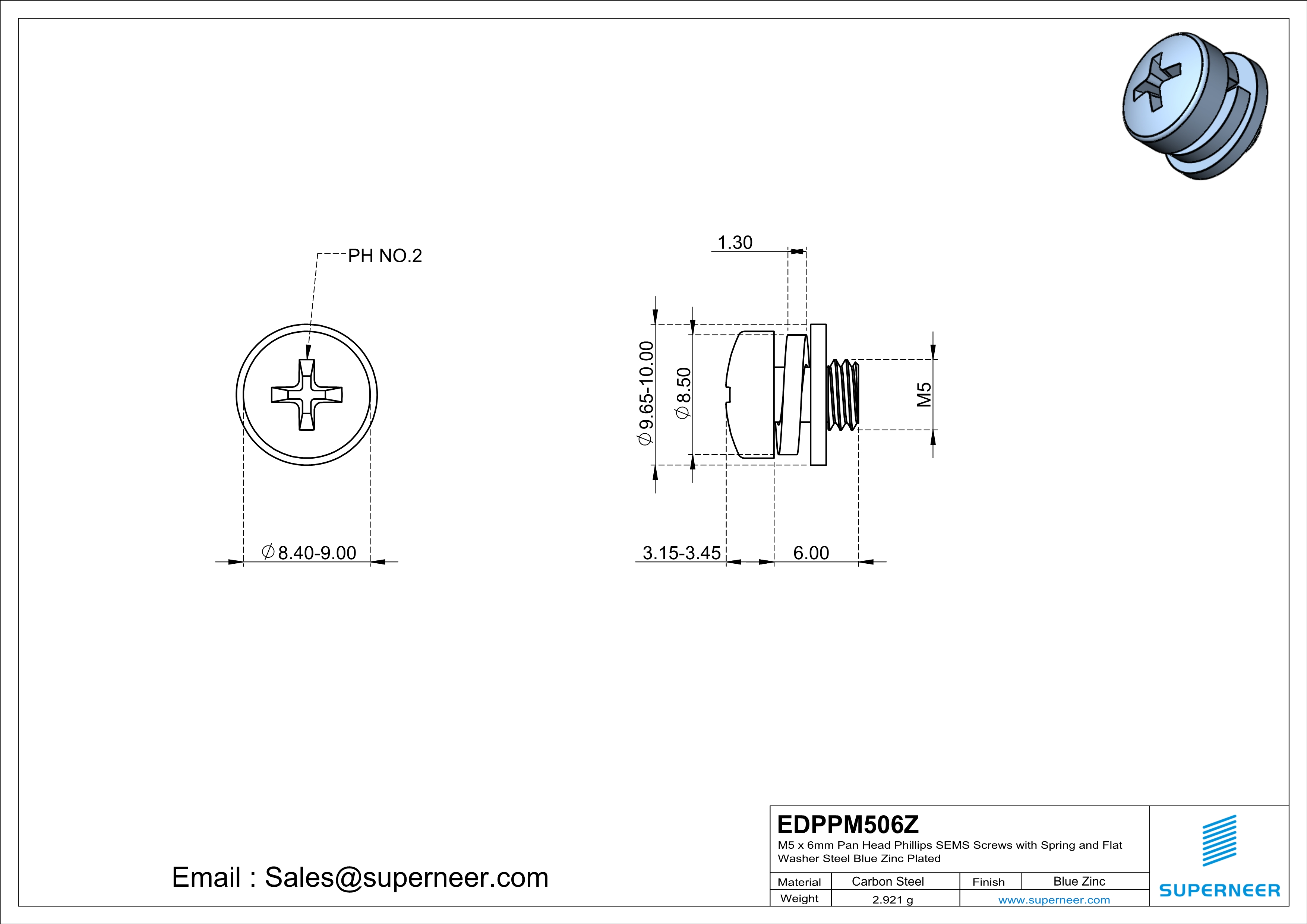 M5 x 6mm Pan Head Phillips SEMS Screws with Spring and Flat Washer Steel Blue Zinc Plated