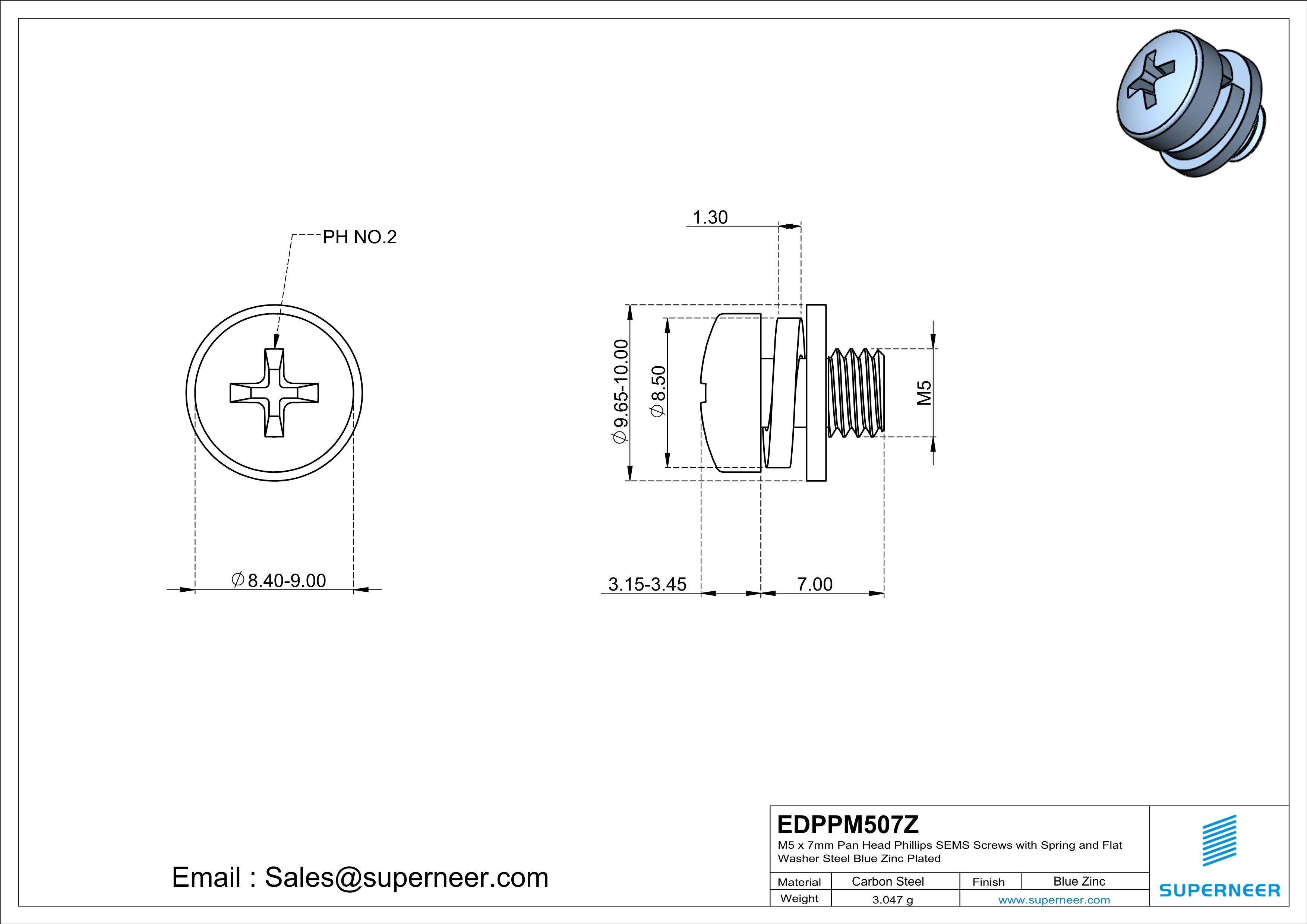 M5 x 7mm Pan Head Phillips SEMS Screws with Spring and Flat Washer Steel Blue Zinc Plated