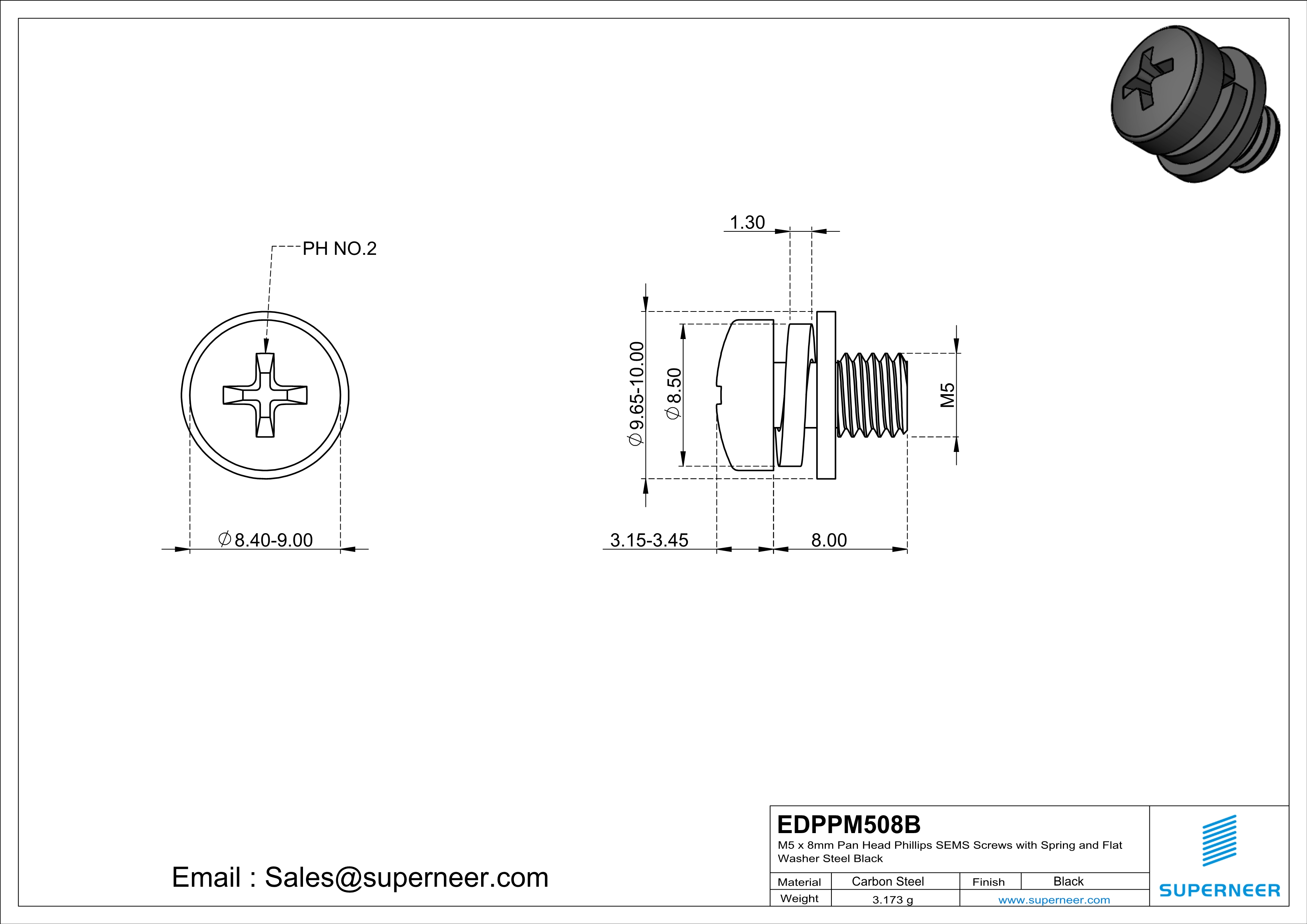 M5 x 8mm Pan Head Phillips SEMS Screws with Spring and Flat Washer Steel Black