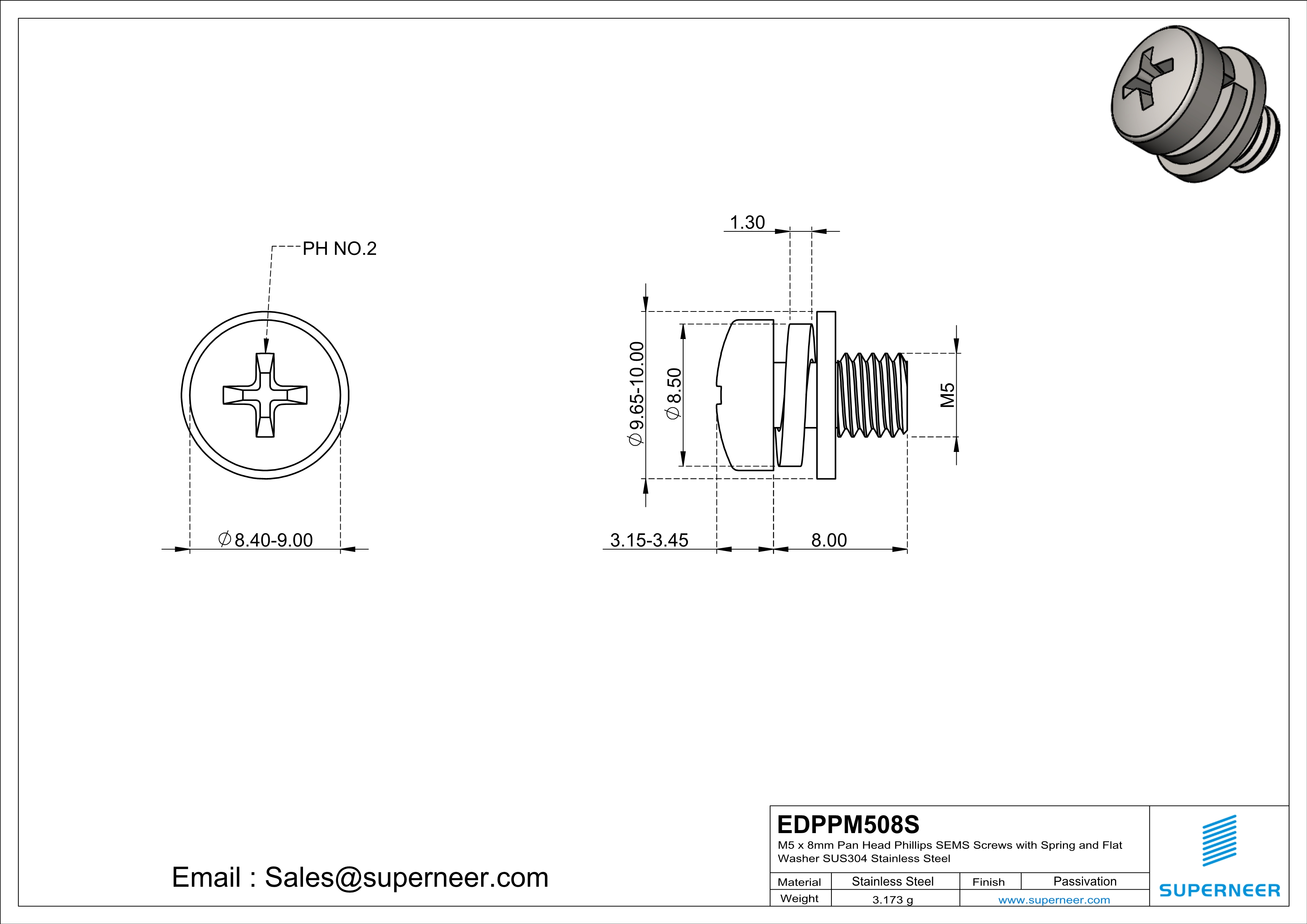 M5 x 8mm Pan Head Phillips SEMS Screws with Spring and Flat Washer SUS304 Stainless Steel Inox