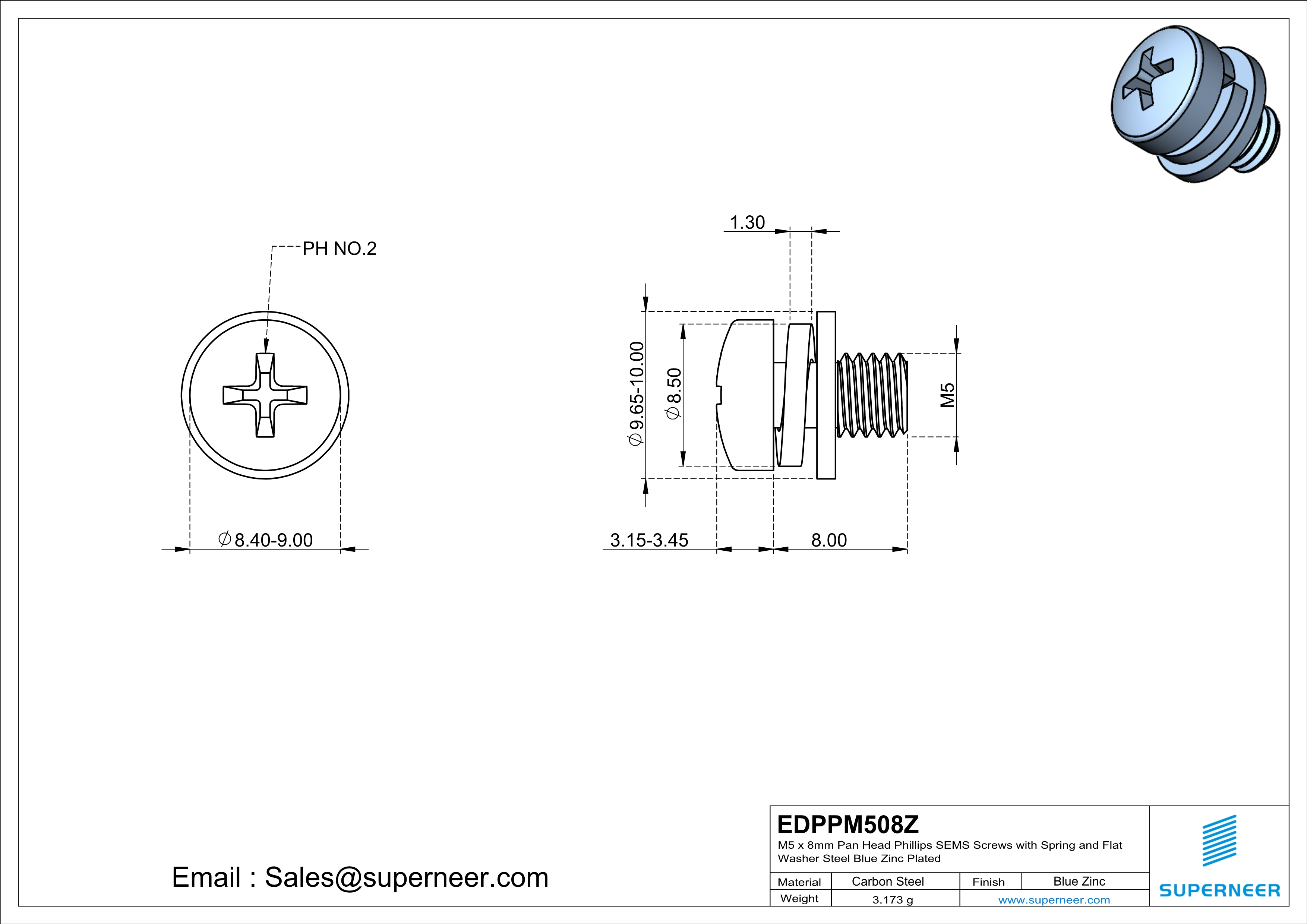 M5 x 8mm Pan Head Phillips SEMS Screws with Spring and Flat Washer Steel Blue Zinc Plated