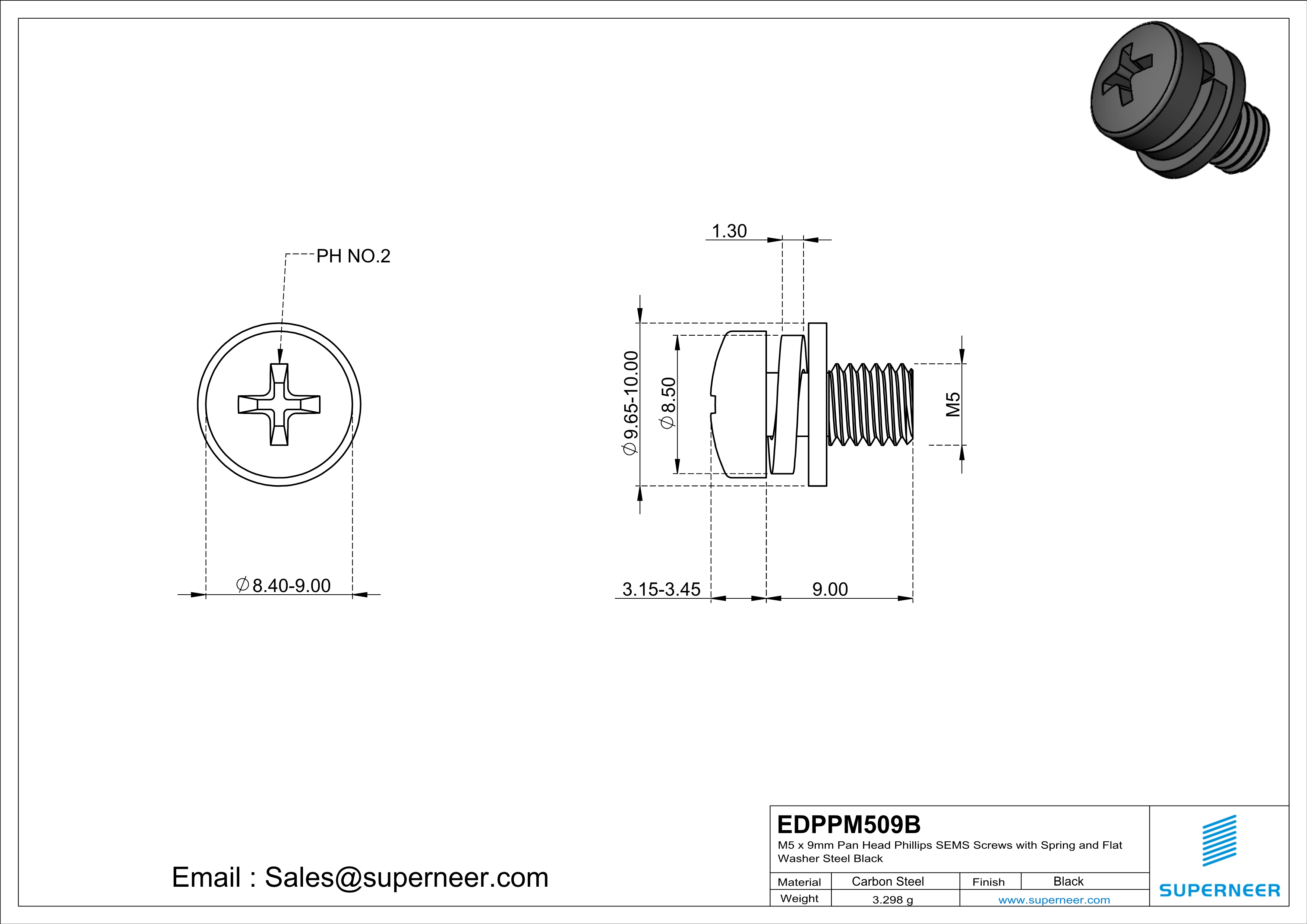 M5 x 9mm Pan Head Phillips SEMS Screws with Spring and Flat Washer Steel Black