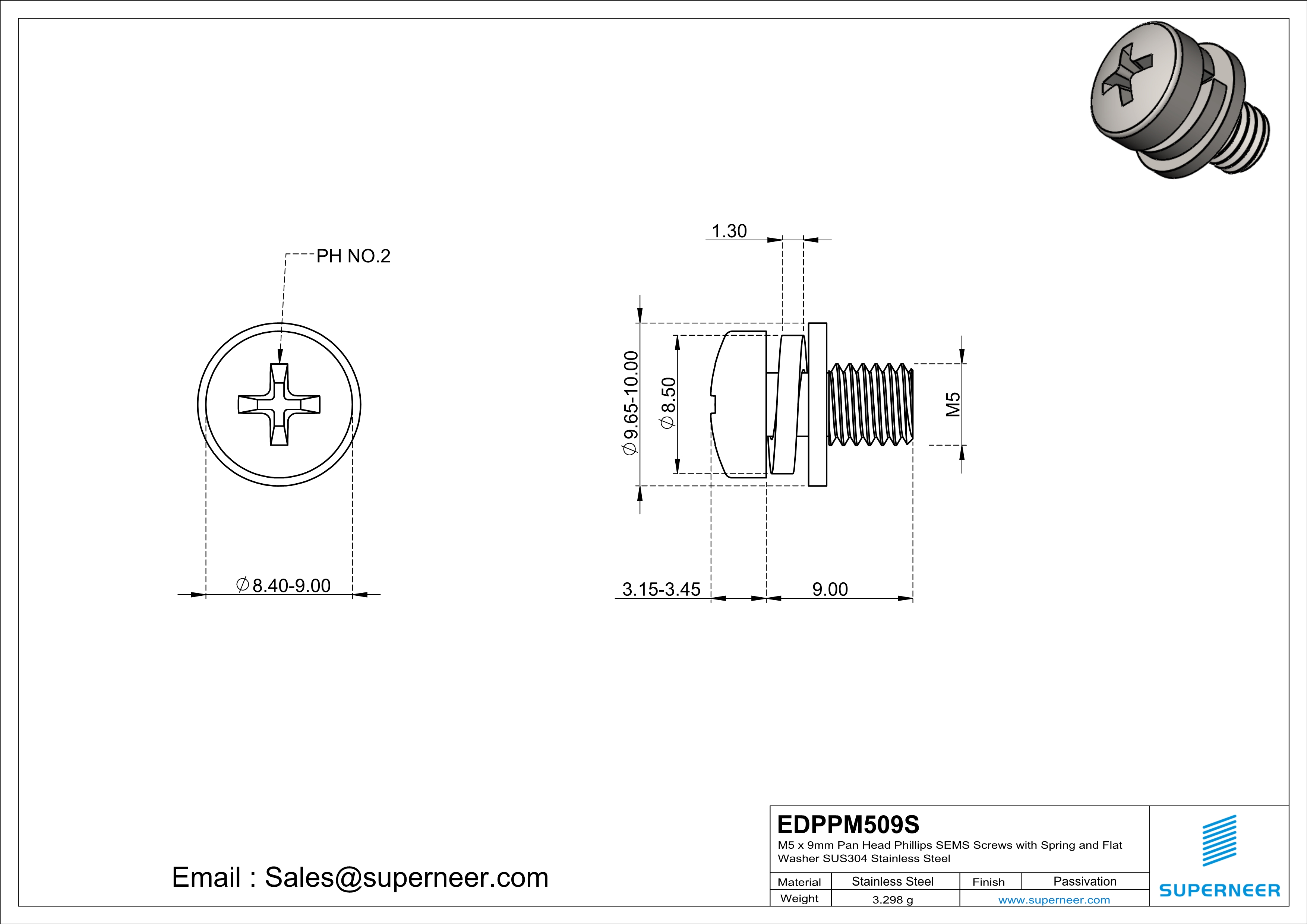 M5 x 9mm Pan Head Phillips SEMS Screws with Spring and Flat Washer SUS304 Stainless Steel Inox