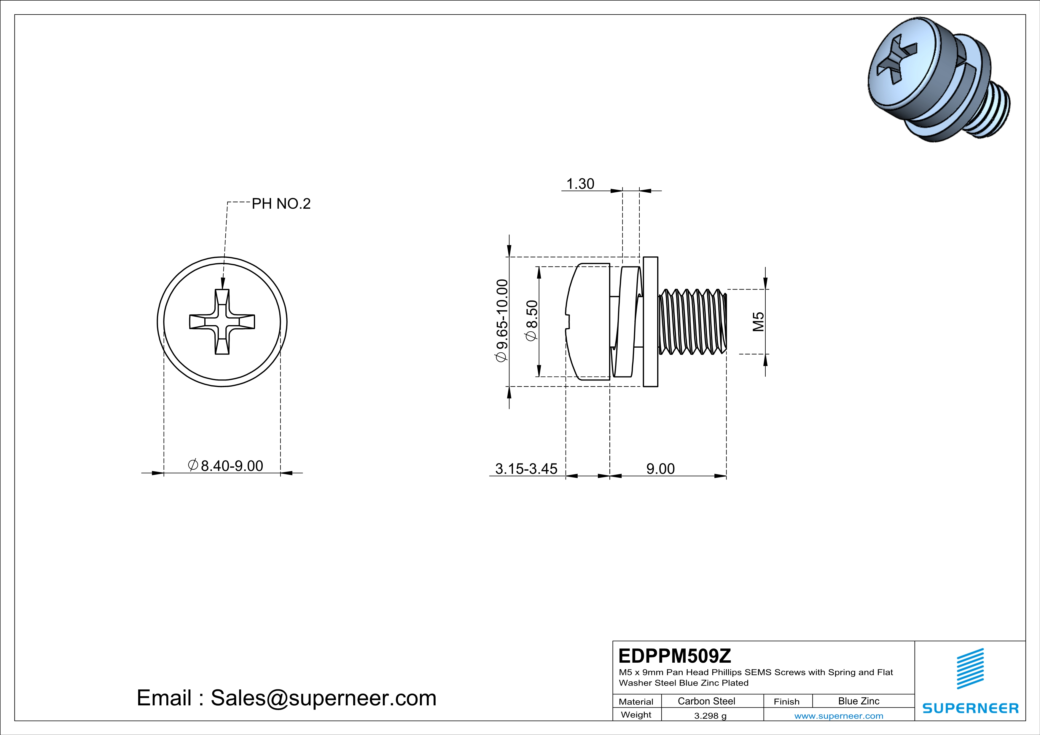 M5 x 9mm Pan Head Phillips SEMS Screws with Spring and Flat Washer Steel Blue Zinc Plated