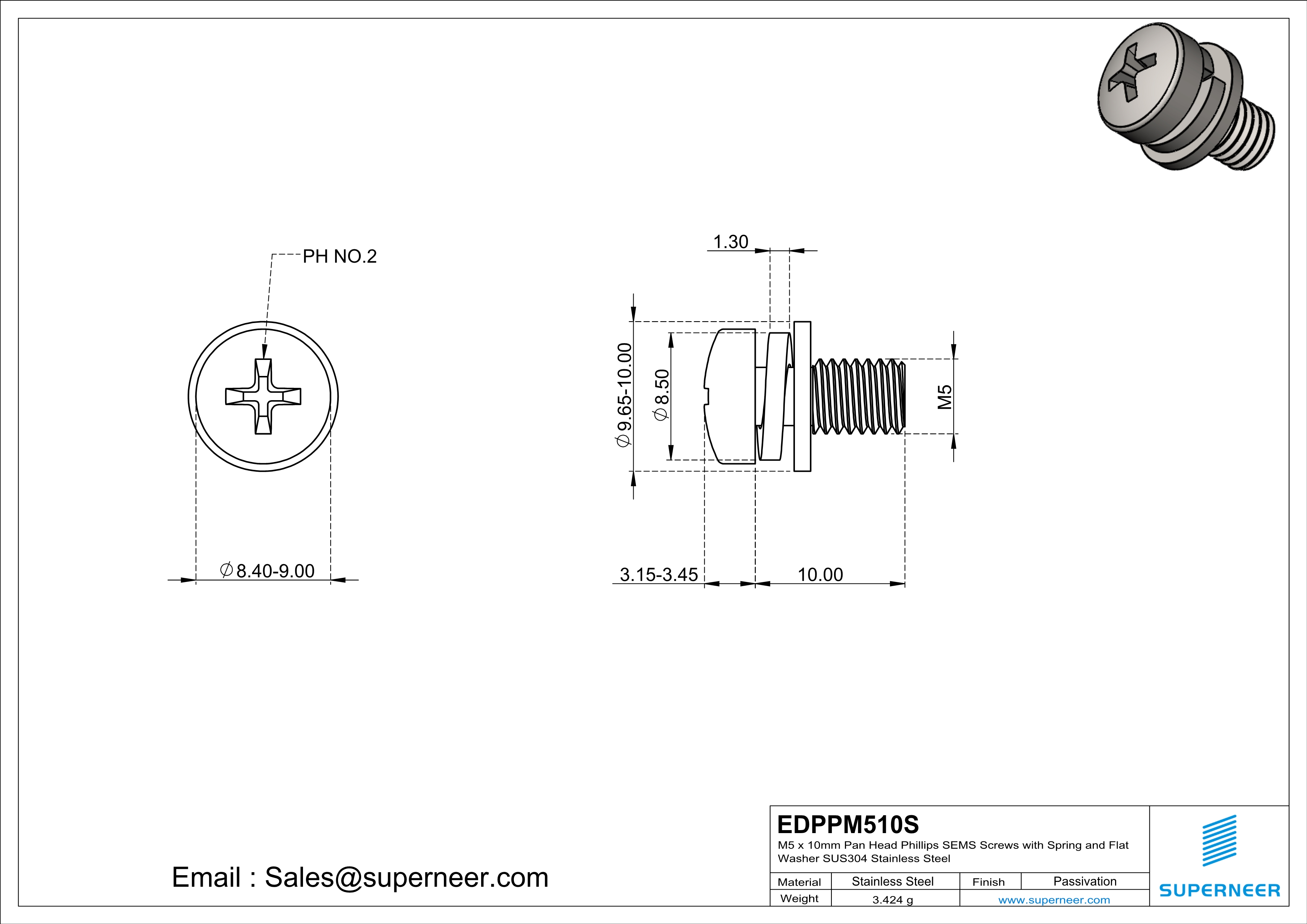 M5 x 10mm Pan Head Phillips SEMS Screws with Spring and Flat Washer SUS304 Stainless Steel Inox