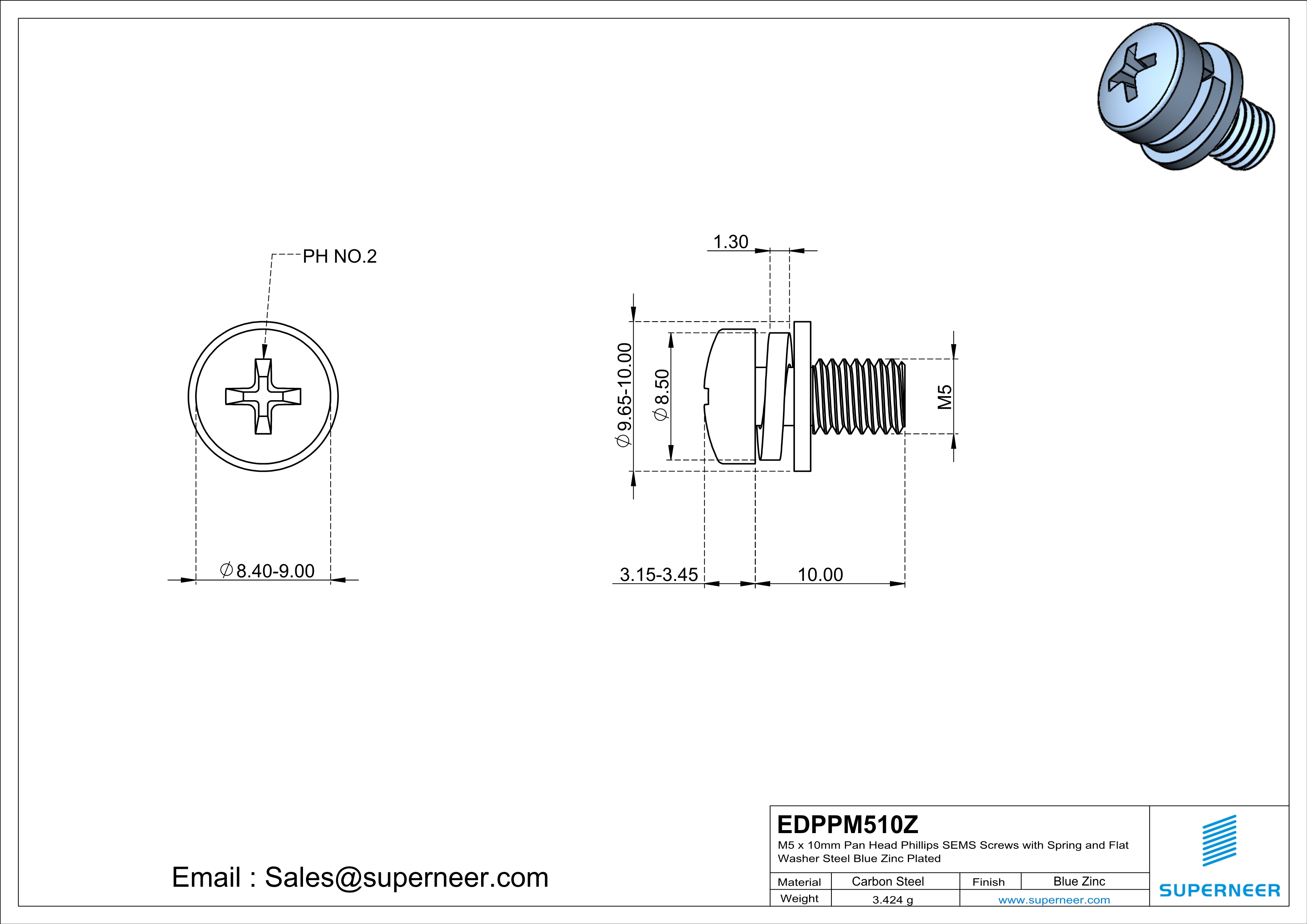 M5 x 10mm Pan Head Phillips SEMS Screws with Spring and Flat Washer Steel Blue Zinc Plated