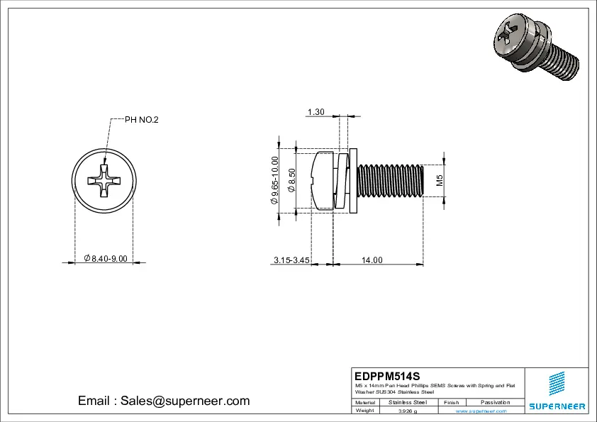 M5 x 14mm Pan Head Phillips SEMS Screws with Spring and Flat Washer SUS304 Stainless Steel Inox